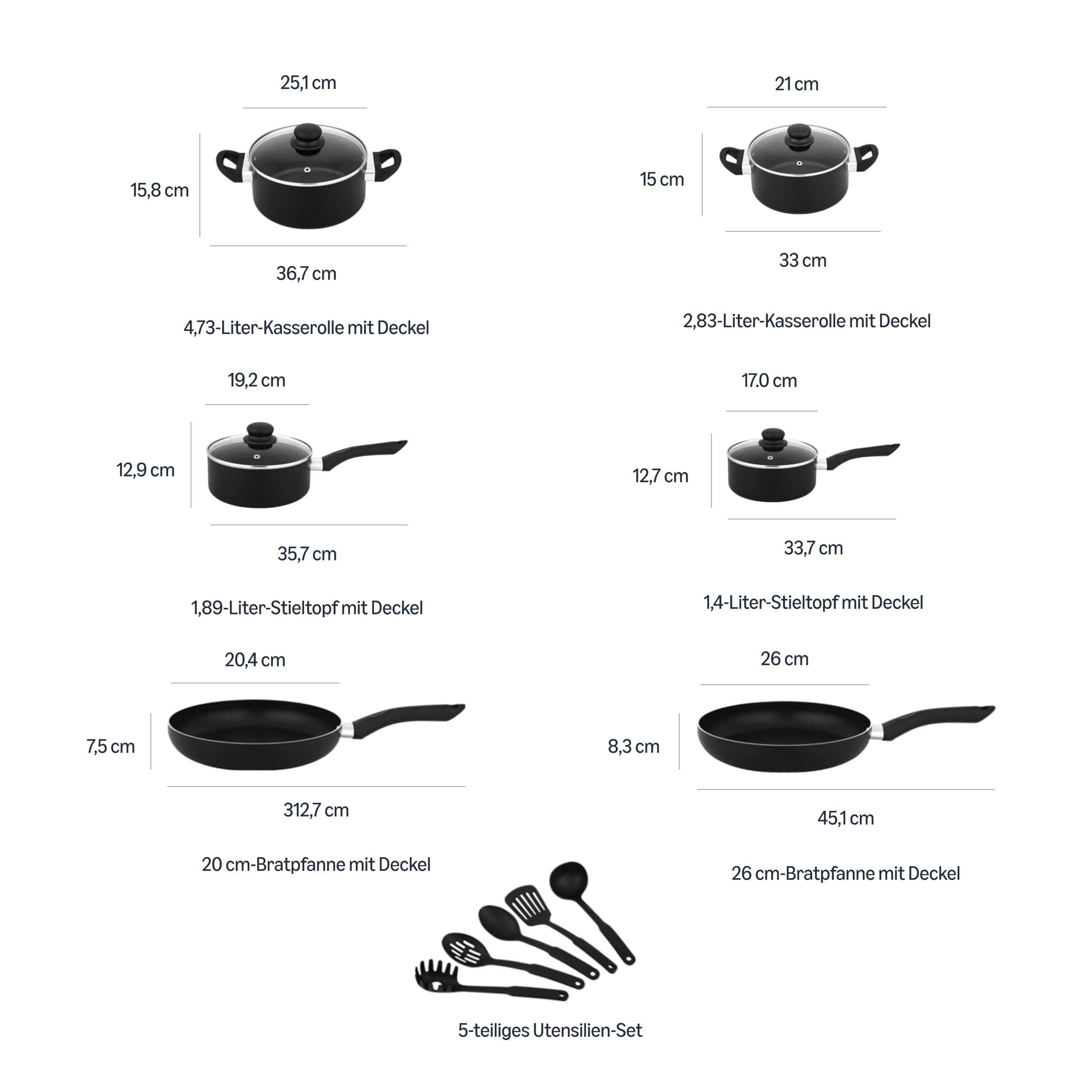 Amazon Basics Töpfe-Set, Keramik-Antihaft-Kochgeschirr, 15-teiliges Set, Töpfe, Pfannen und Utensilien, Schwarz