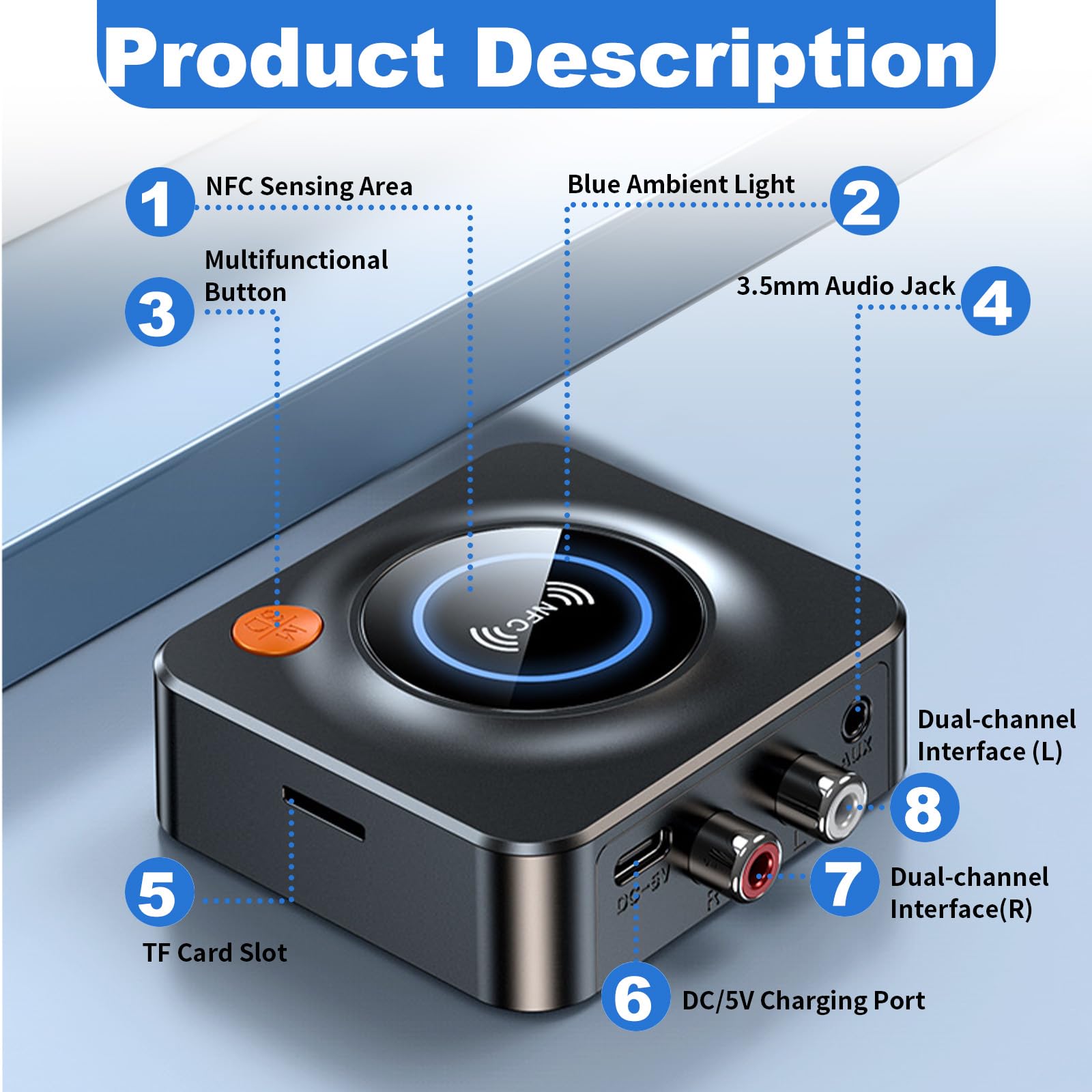 Ricevitore Bluetooth 5.1 Hi-Fi – Adattatore Audio 3.5mm Con Lettore TF, Bass Boost, Connessione Doppia, 12h Di Batteria, Nero