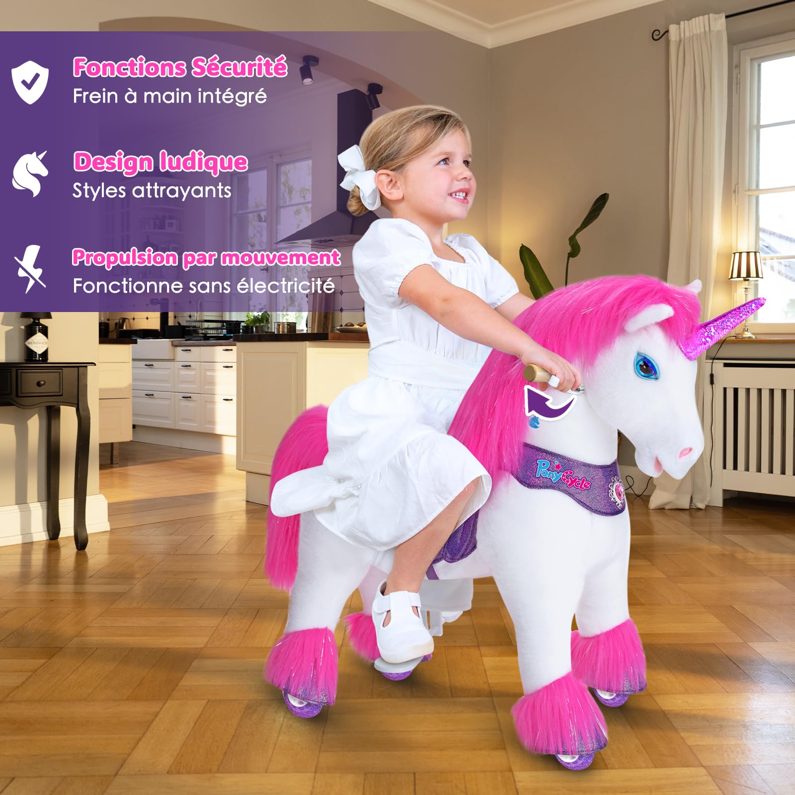 PonyCycle Modèle Y Avancé Licorne à Monter avec Sons Magiques pour Enfants 4-7 Ans, Licorne Rose en Peluche à Roues avec Frein, Jouet Mécanique pour Anniversaire des Filles - Y452