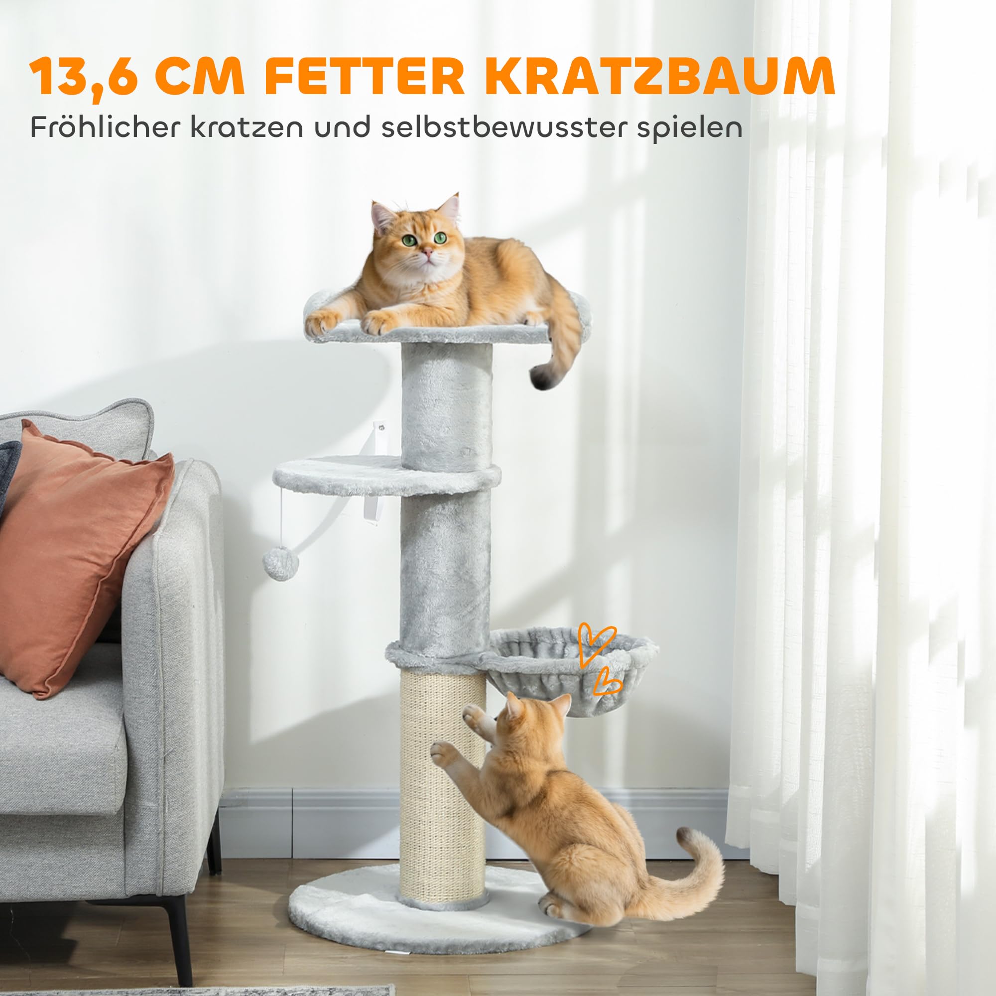 Drapak dla kota PawHut, wieża dla kota o wysokości 103,5 cm dla dorosłych dużych kotów z grubym słupem sizalowym do drapania, pluszowym legowiskiem, hamakiem i wiszącą zabawką, jasnoszary