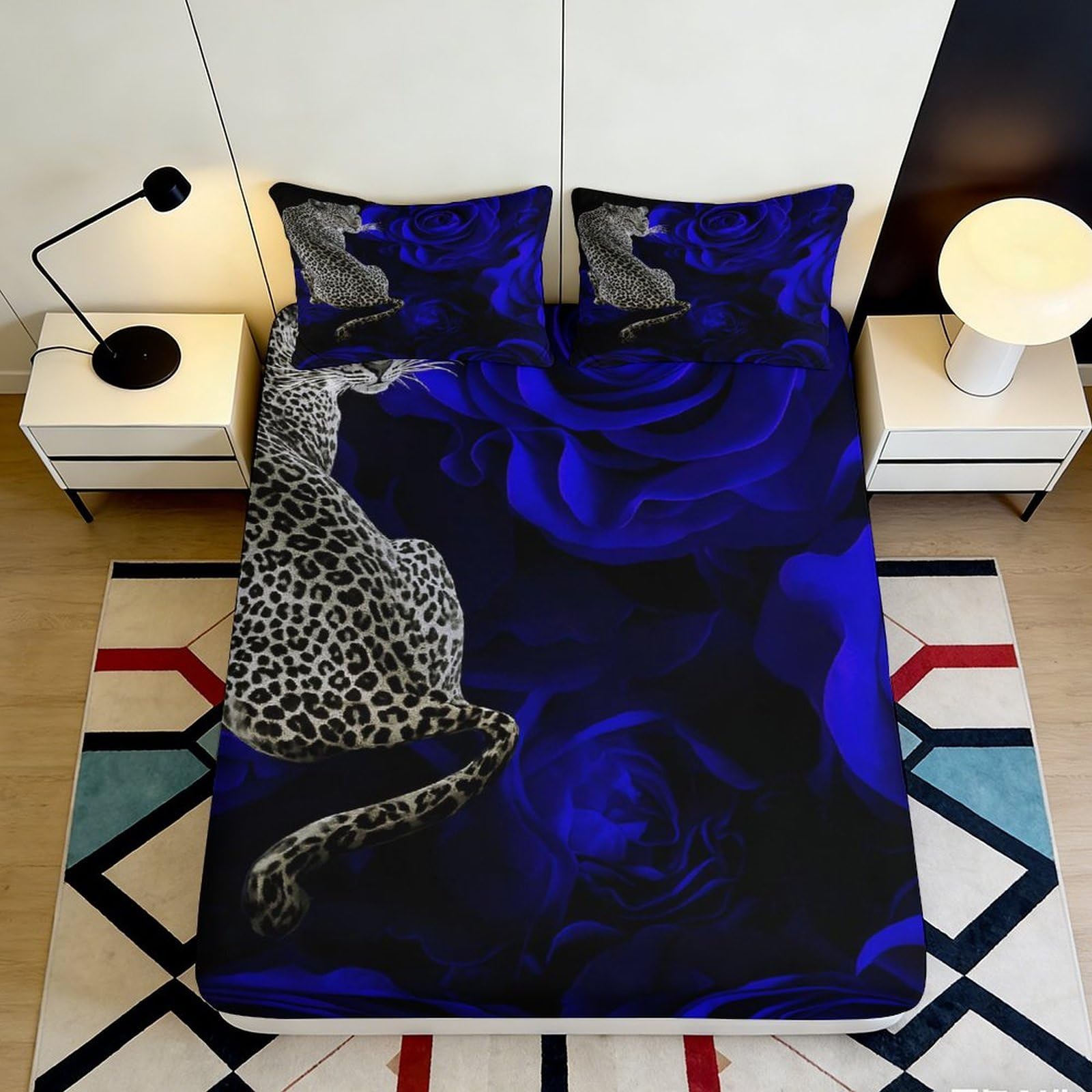 Jqzkxnhpbr Style-10 3D Printed Blue Rose Fitted Sheet Microfiber Soft Panther Bed Cover For Bedroom Guest Room Mattress Protection Decor 90X200x25cm