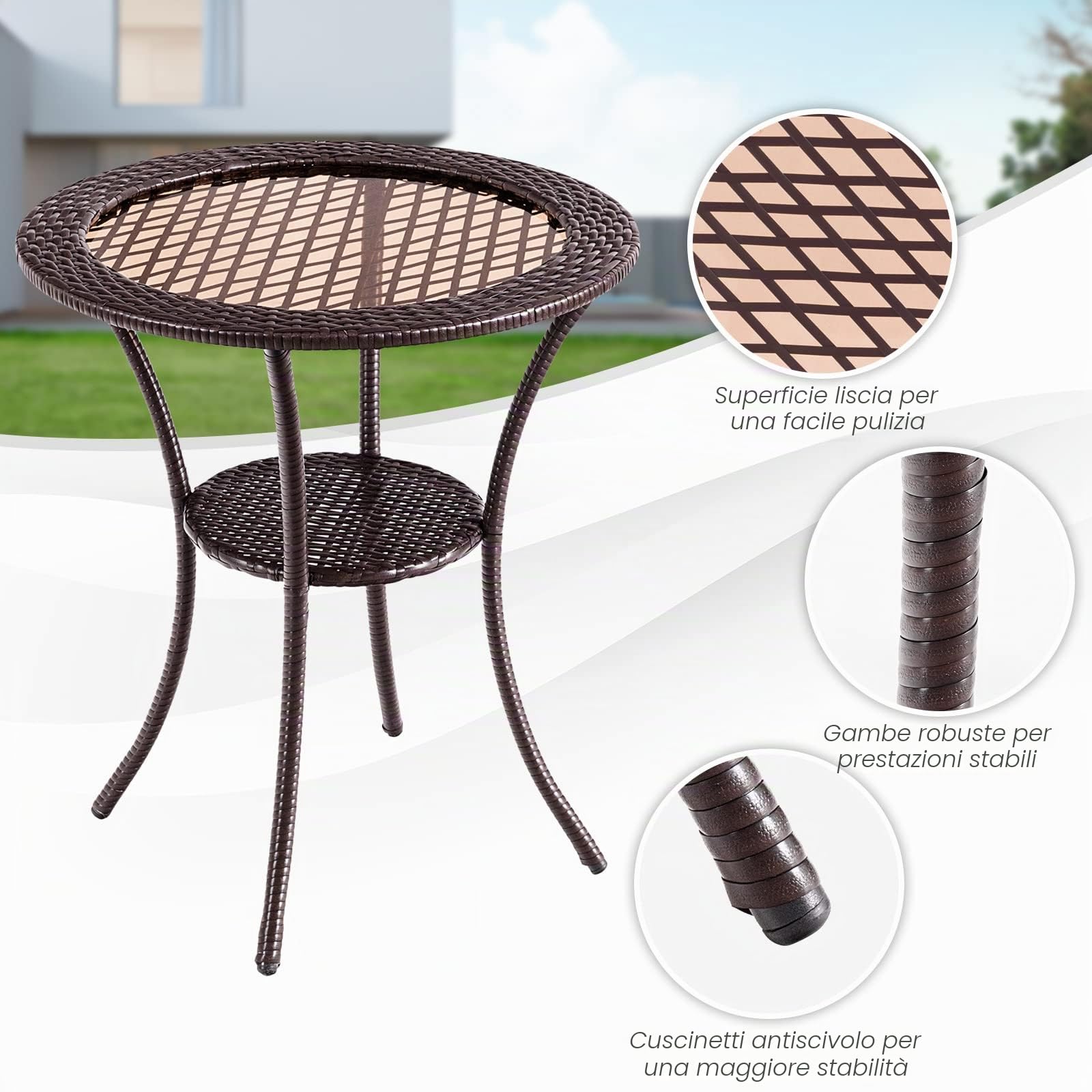 GIANTEX Tavolino da Giardino Rotondo in Rattan e Vetro a 2 Ripiani | Tavolo d'Appoggio Esterno Resistente alle Intemperie, Portata 35 kg, per Piscina Patio Balcone, 64 x 71,5 cm