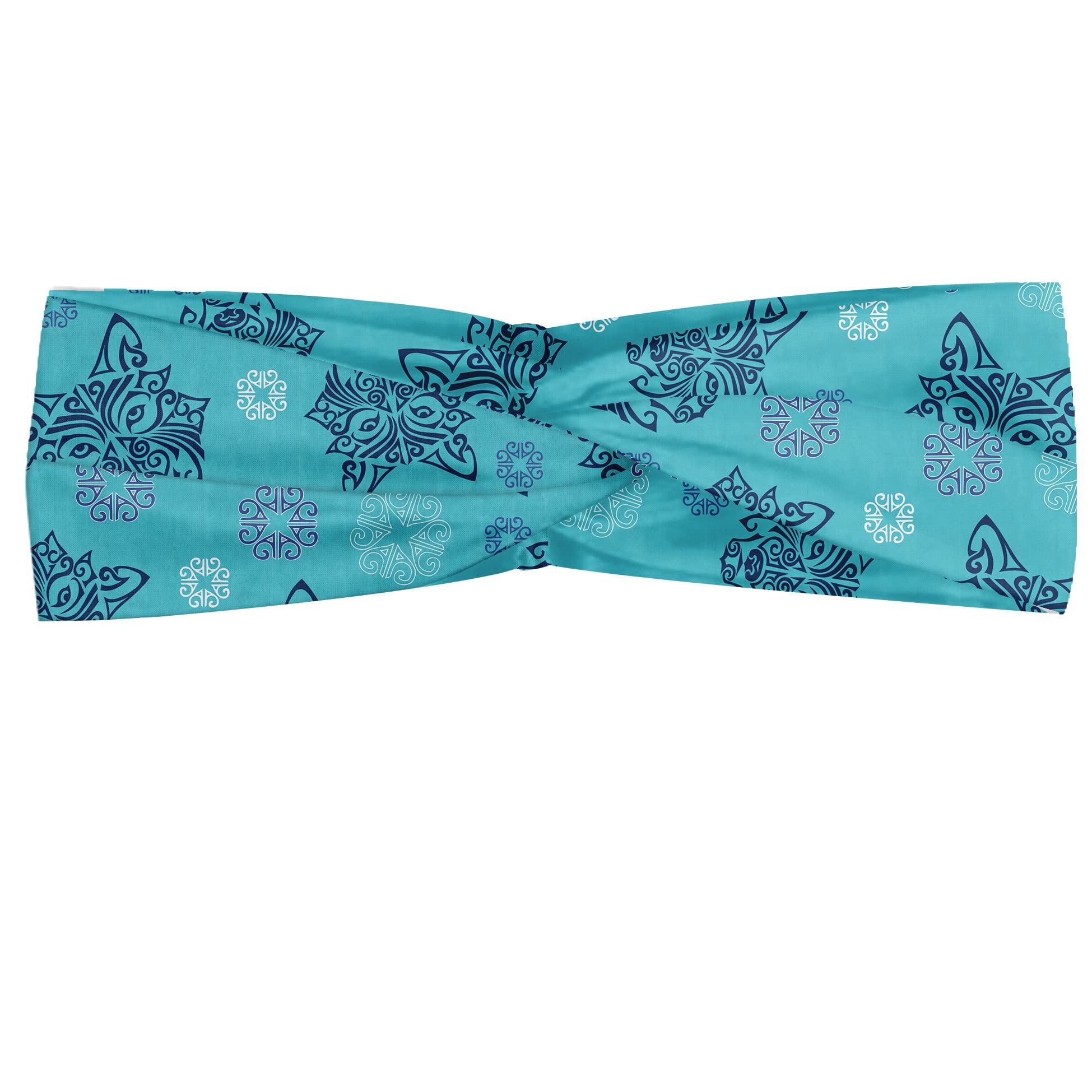 Lunarable Wolf Headband Set of 2, Maori Face Tattoo Style Pattern with Geometric Motifs, Knotted Elastic Hair Band Accessory for Women Everyday Use, M-L, Turquoise Navy Blue