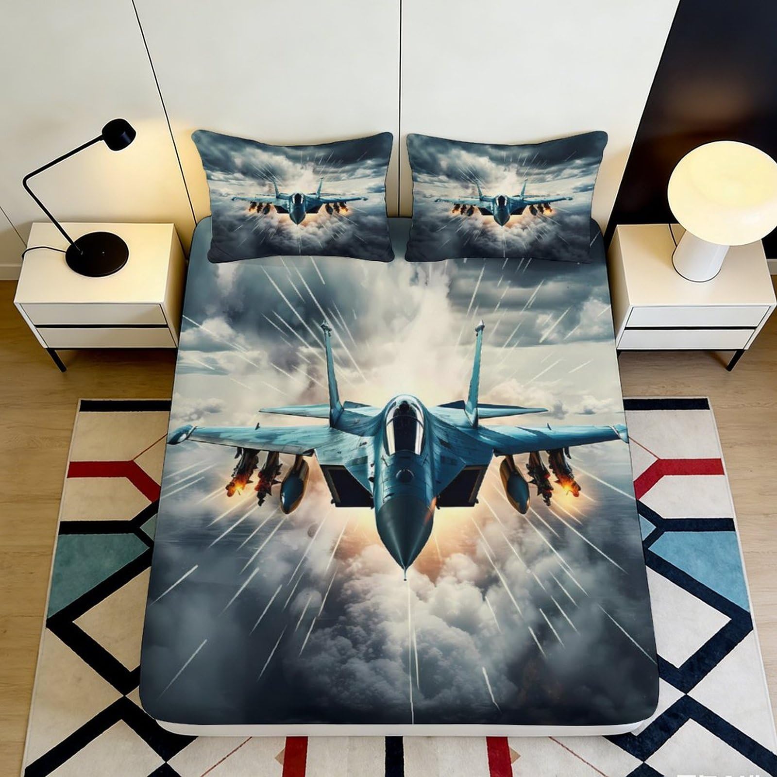 3D Printed Fighter Jet Sky Burst Fitted Sheet Microfiber Soft Breathable Warplane Bed Cover for Bedroom Decor 90x200x25cm