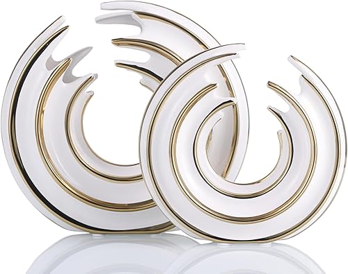 Juego de 2 jarrones redondos de cerámica para decoración del hogar (línea dorada, oro blanco)