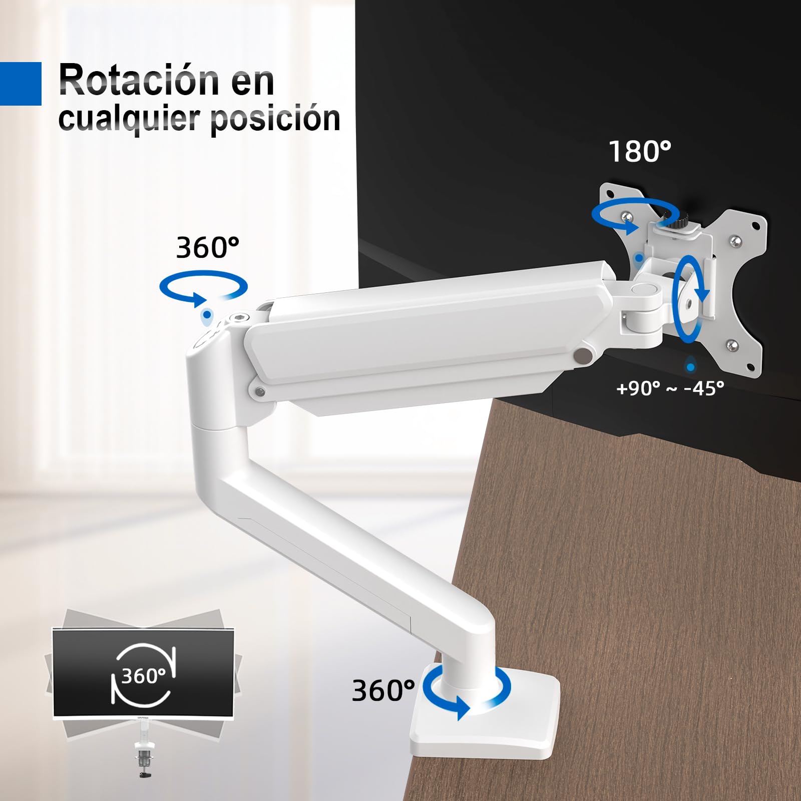 GRIFEMA GB2003W-1 Soporte de Monitor con Resorte de Gas para Pantalla de Computadora de 13-32 Pulgadas, Altura Ajustable, VESA 75x75/100x100, Peso 2-9 kg, Blanco