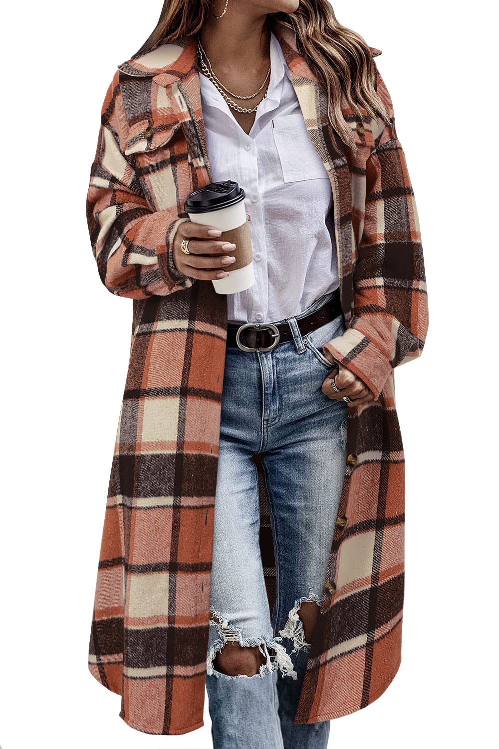 onlypuff Womens Plaid Long Shacket Flannel Jacket Casual Lapel Button Down Tartan Trench Coats