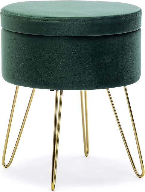 HNNHOME 37cm Round Velvet Ottoman Storage Footstool with Golden Metal Leg, Pouffe Dressing Stool Chair (Dark Green)