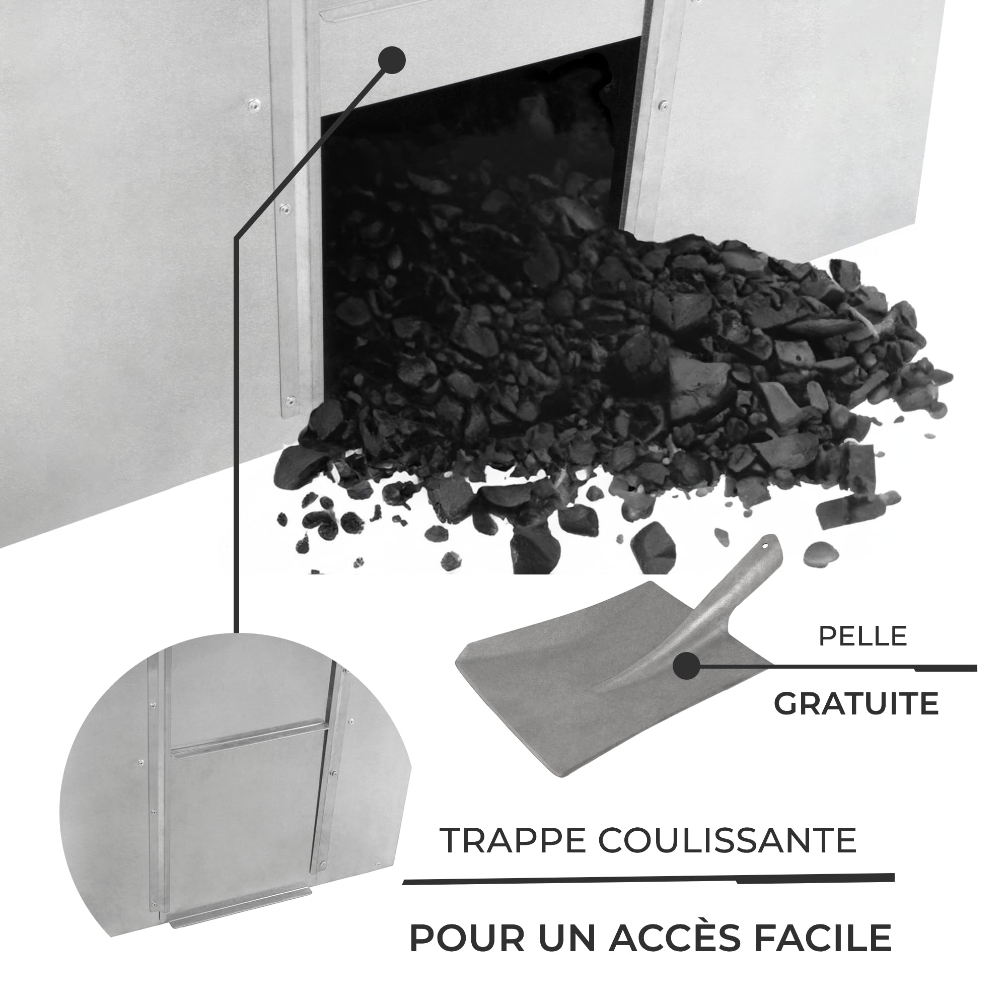 Conteneur à Charbon Premium - 250 kg/ 390 L | Robuste et Résistant à l'eau | Résiste aux Conditions Extrêmes | Pelle à Charbon Incluse | Facile à Assembler | Hiver Chaud et Sans Souci !