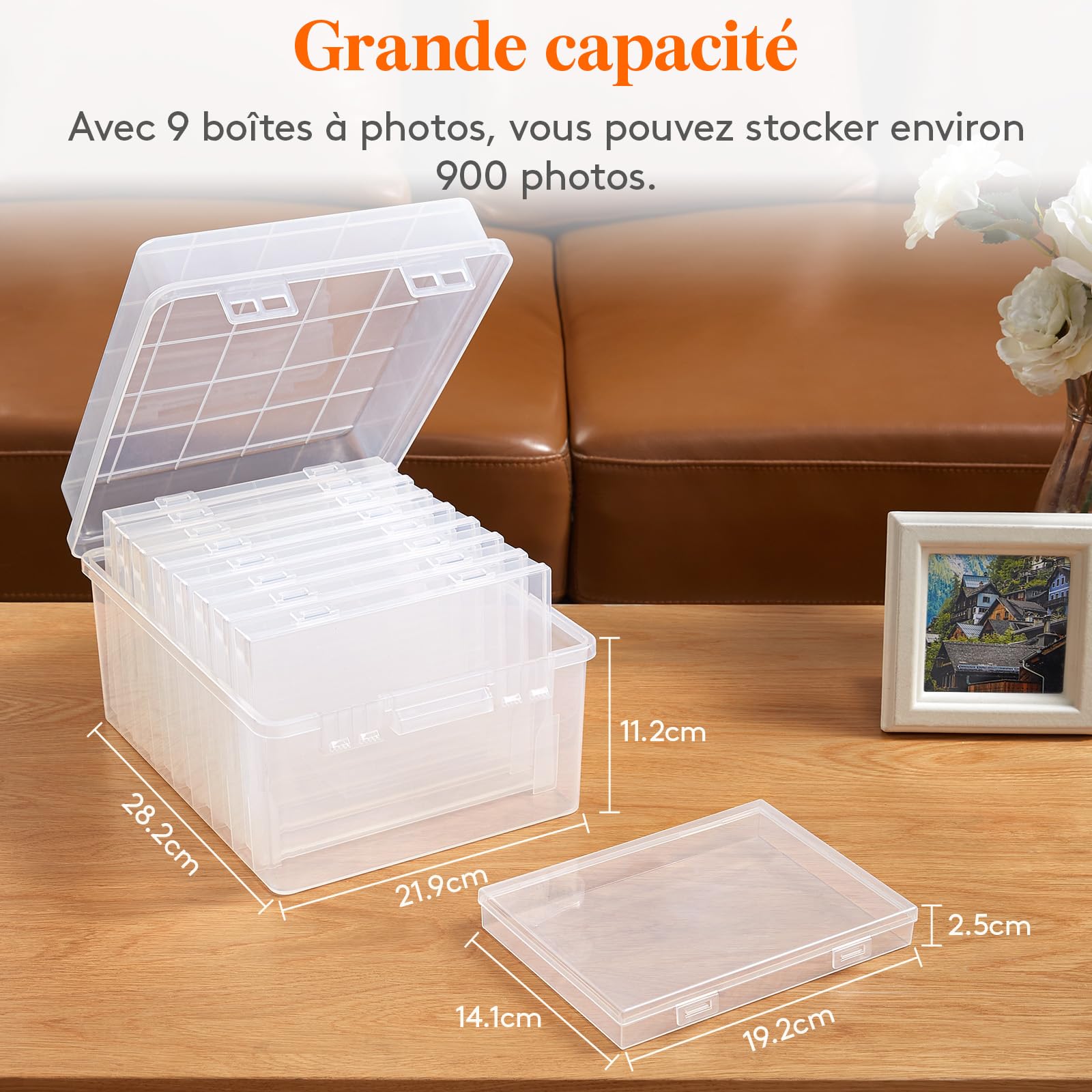 Lifewit Boîte de Rangement Photo 13x18cm 5R, 9 Boîtes Intérieures, Organisateur Photo pour Cartes, Photos, Tampons, Fournitures de Bureau avec 1 Feuille D'étiquettes Autocollante, Transparent, 1 Pièce