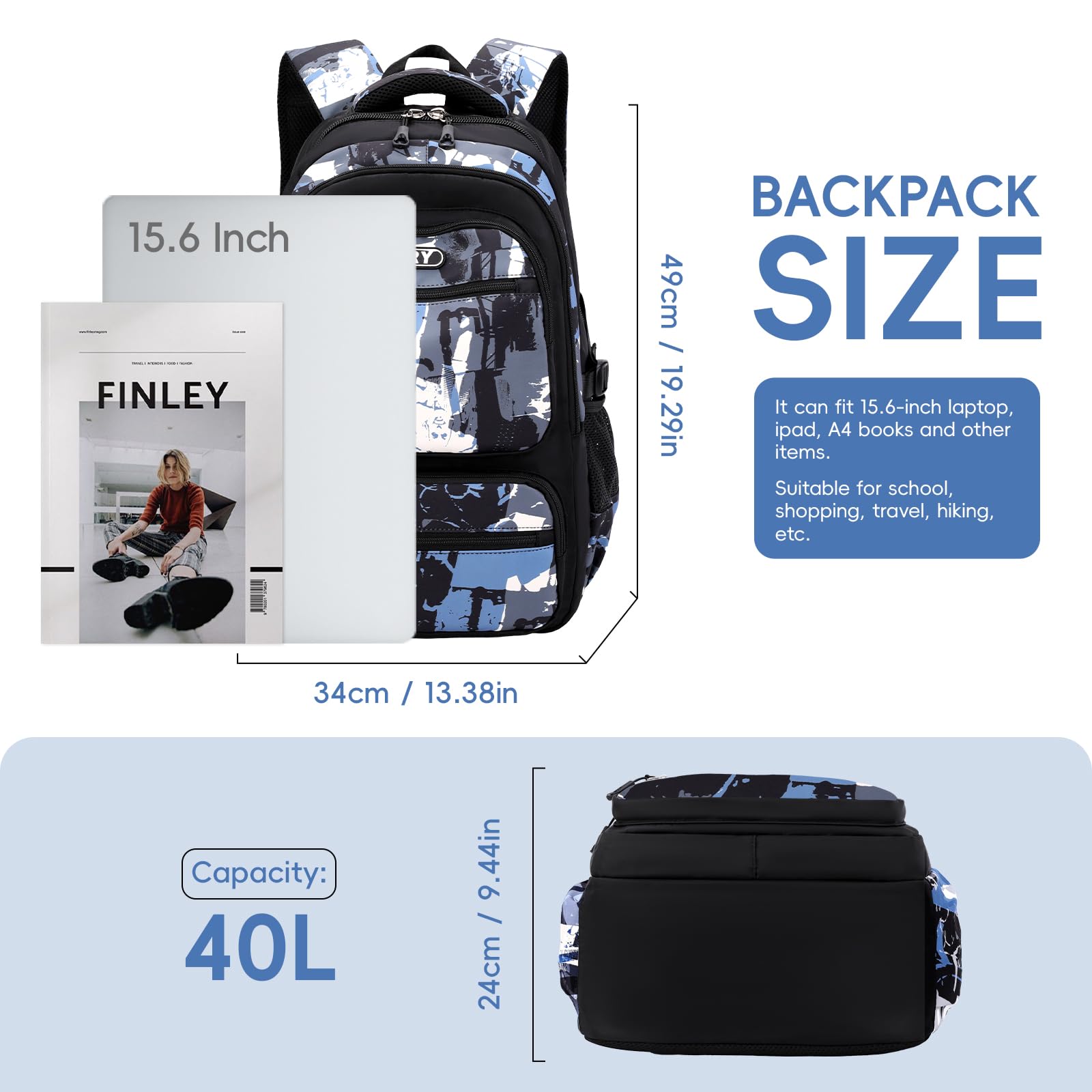 Amythe Sac à Dos pour Garçons, Cartable Primaire et Collège 40L, Sac d'École en Nylon Imperméable Léger et Spacieux pour Loisirs Voyage Scolaire, Idéal pour 10 à 22 Ans -Noir