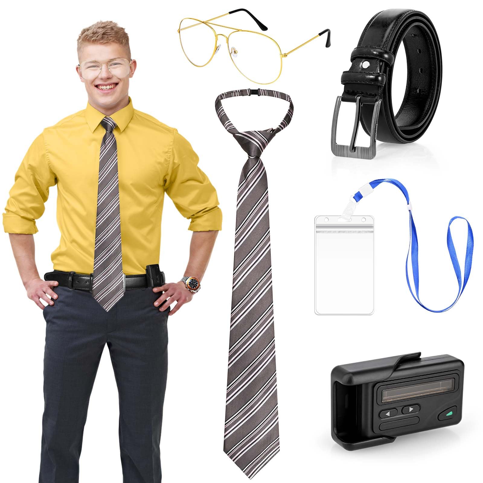 5 Pcs Men Office Costume Accessories Set Eyeglasses Belt Stripped Tie ID Badge Holder Pager for Halloween Cosplay Party Dress up Multicolor