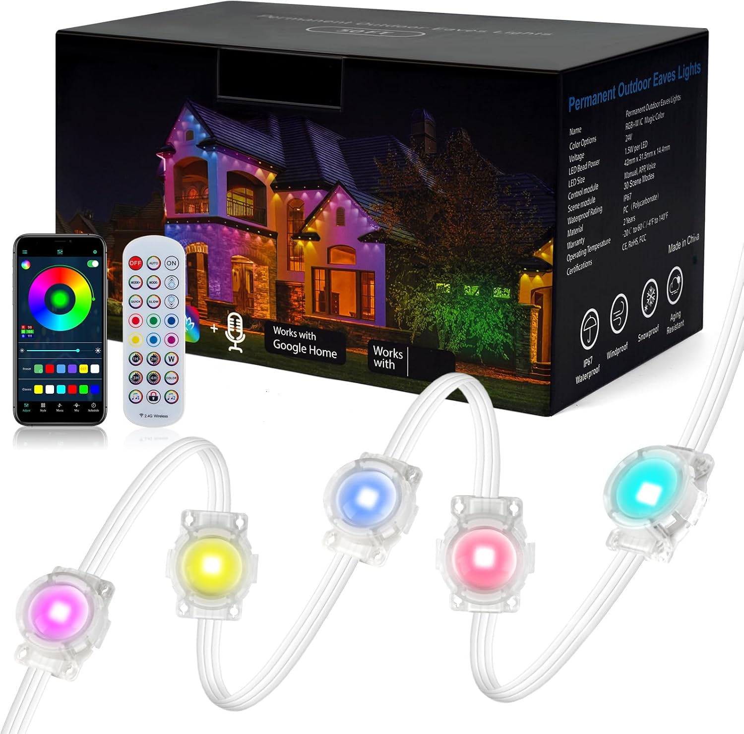 50ft smart rgbicw permanent outdoor lights – 30 triple-led eaves lights, diy scene modes, ip67 waterproof, color-changing lighting for christmas, halloween, parties, and holiday decorations