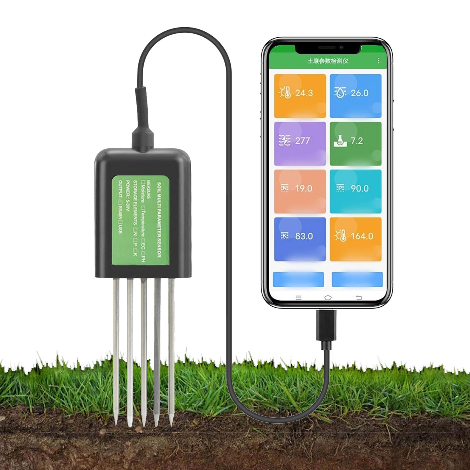 Testeur de sol USB numérique 7 en 1 avec pH, humidité, température, analyse des nutriments NPK pour jardinage et surveillance de la croissance des plantes, compatible avec l'application Android