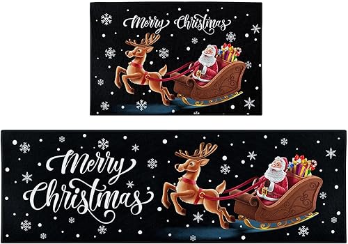Juego de 2 alfombras y tapetes de cocina de Navidad, antideslizantes, lavables, copos de nieve, renos de Papá Noel, tapete de cocina negro de