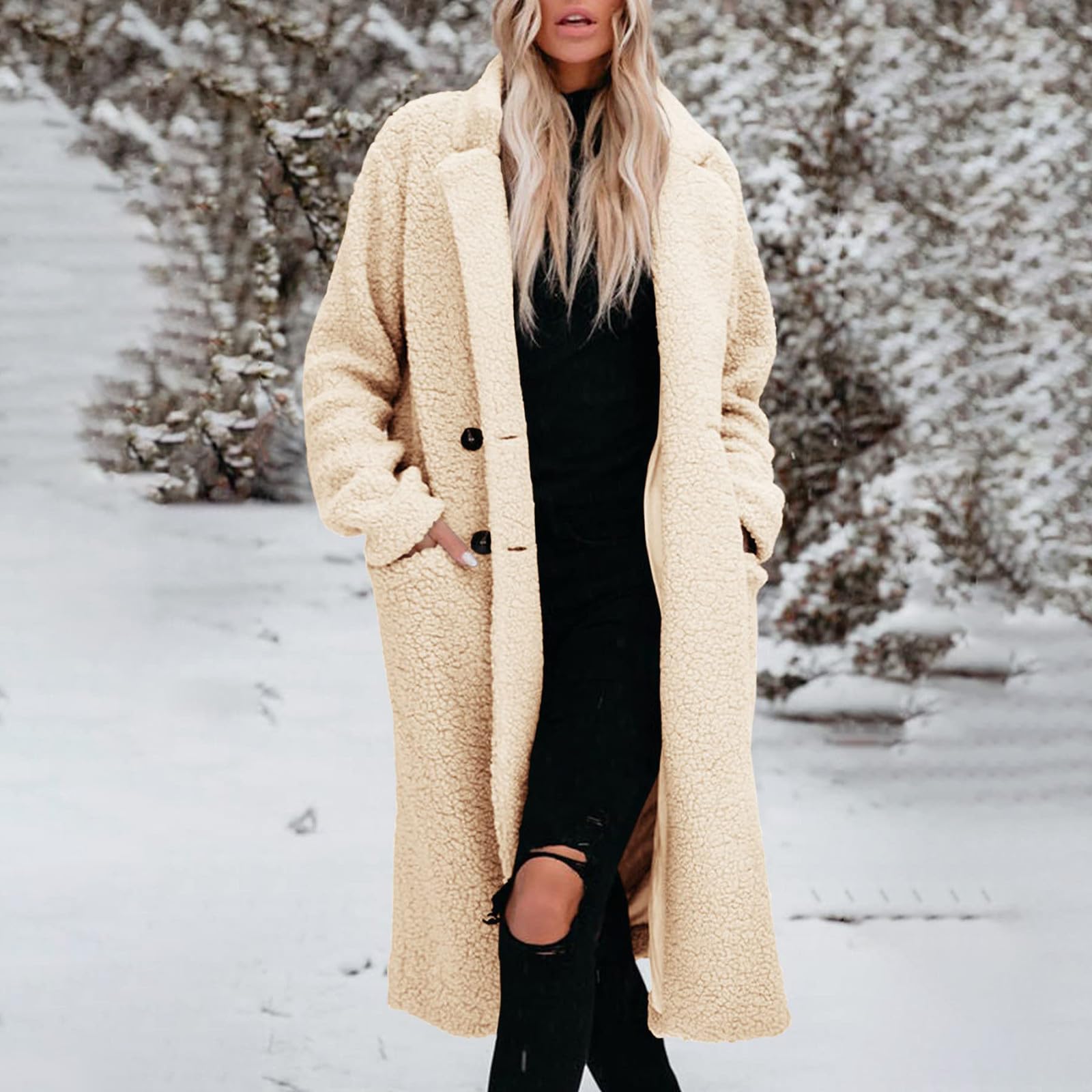 Fleecejacke Damen Lang Wintermantel Flauschig Plüschjacke Einfarbig | Fleecejacke Damen Ohne Kapuze Plüschmantel Winddicht Teddyfleece Jacke Mit Taschen Flauschjacke Mit Knöpfen Mantel Warm