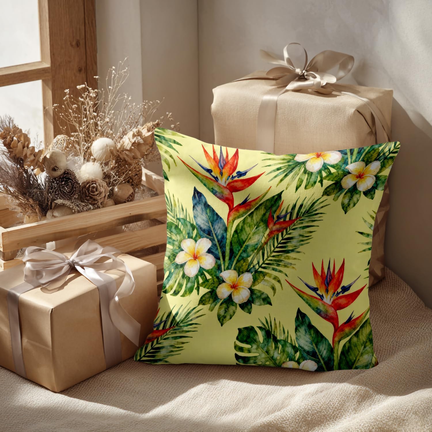 Batmerry Tropical Green Decorative Pillow Covers 20x20 Inch Set of 2, Beautiful Floral Exotic with Tropical Flowers Palm Leaves Cushion Throw Pillow Covers Outdoor Sofa Couch Bed Decor Pillowcase