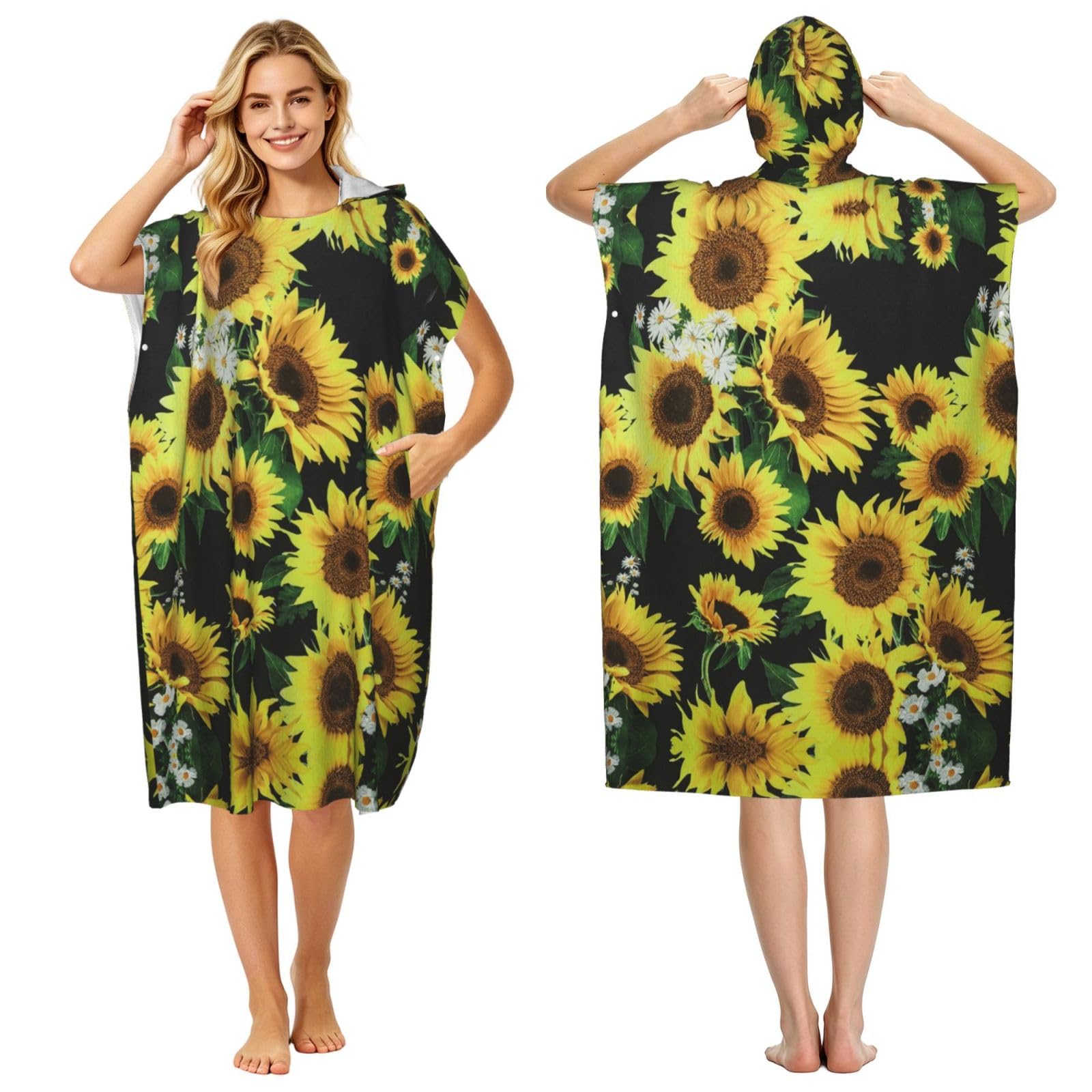 Sunflower Print Changing Robe, Hooded Towel Poncho For Swimming Pool, Beach,Quick Dry & Light Weight Towelling Poncho For Adults Women Men