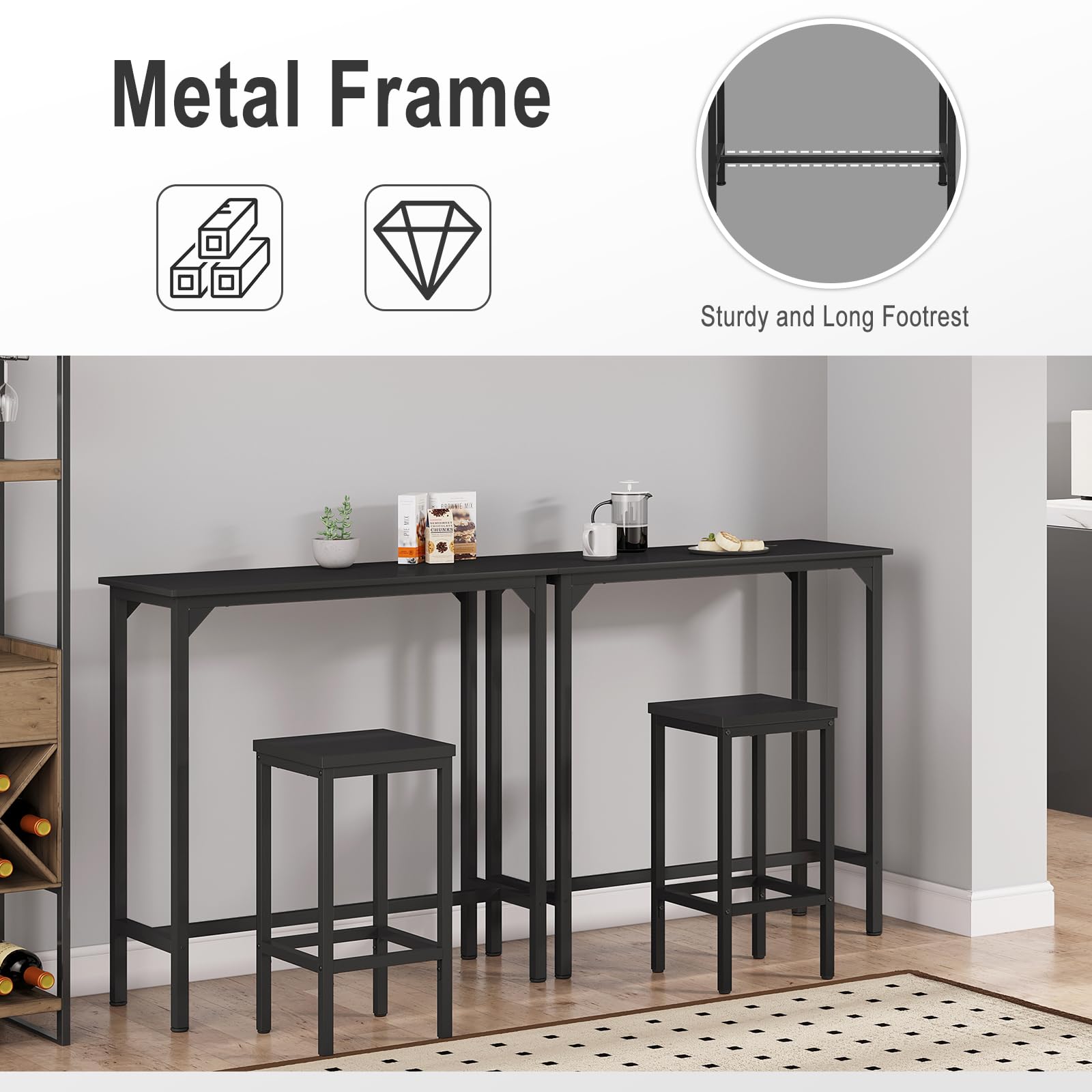 EUGAD Mesa Alta Cocina, Mesa de Bar Estrecha, para Isla de Cocina, Comedor, Barra Bar y Cafeteria, Marco Metalico, Encimera Madera, Pies Ajustable, Estilo Industrial, Negro, 100x40x100 cm