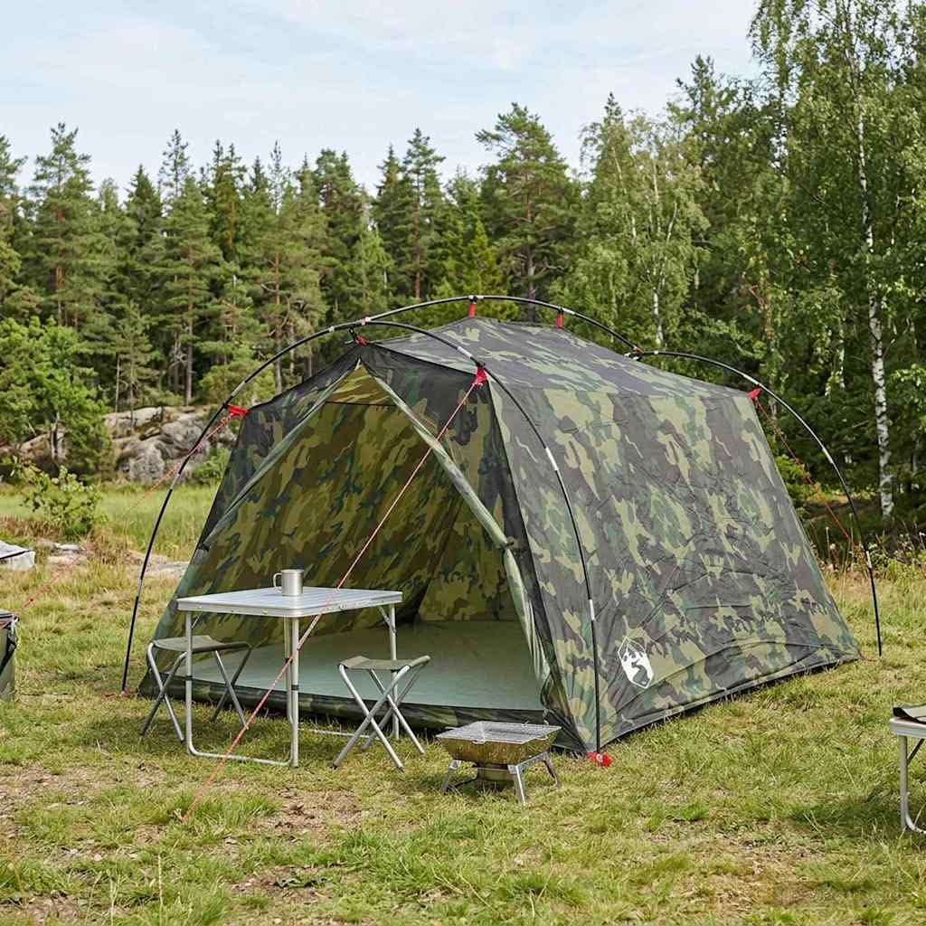 Tienda de campaña tipo túnel de camuflaje para 2 personas, de poliéster 185T con revestimiento de poliuretano, ligera e impermeable, con marco de fibra de vidrio, resistente al viento, con