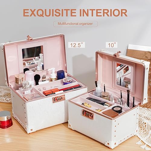 Miniatura 3 de urecity Estuche de maquillaje vintage en tren con herrajes de oro rosa, patrón en relieve blanco, seguridad de cerradura de combinación, caja de