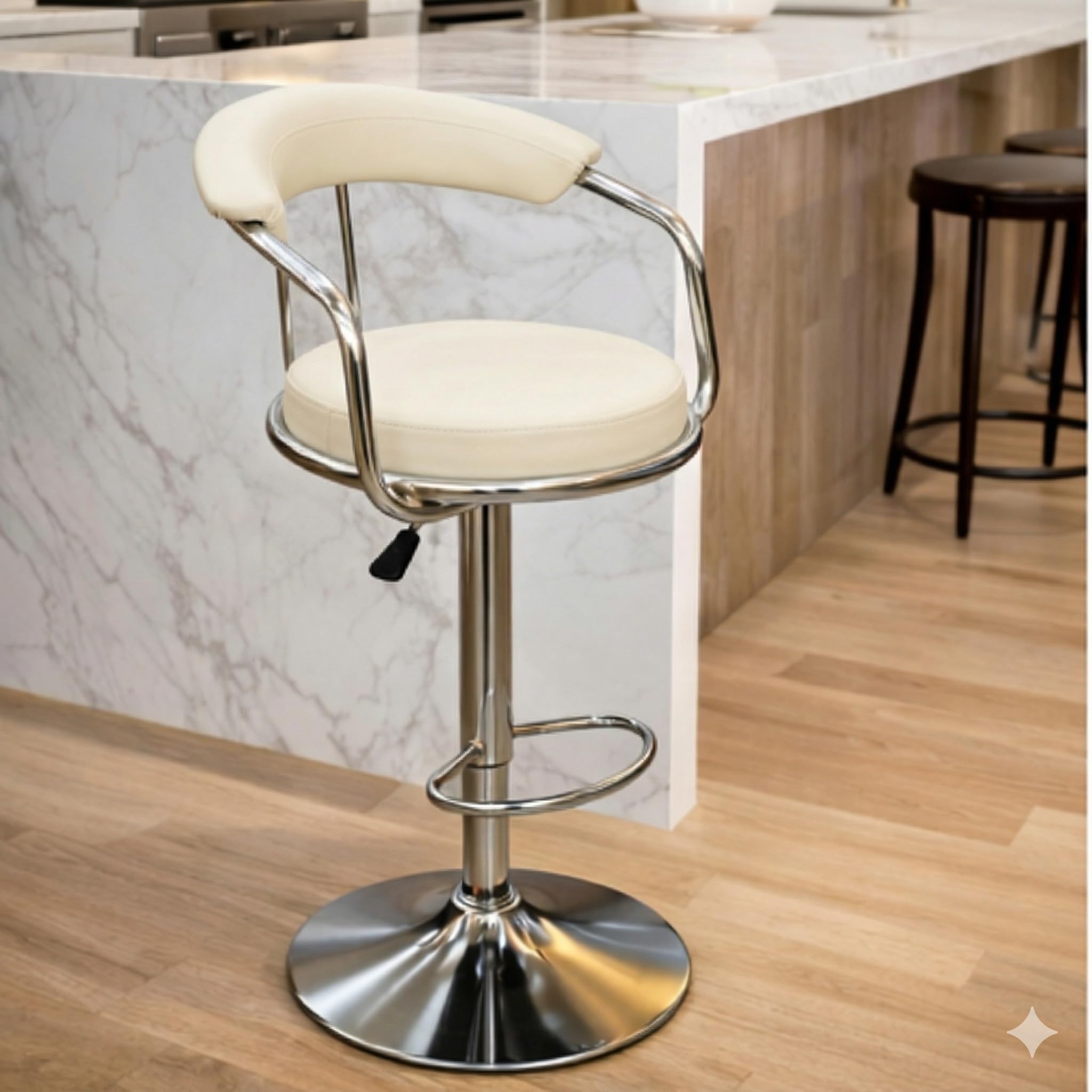 Adjustable Padded Swivel Bar Stool with Armrests & Footrest | Hydraulic Gas-Lift Height-Adjustable | Black PU Leather Seat, Chrome Pedestal Base | Ideal for Salon, Spa, Clinic & Office (Cream)-picture-18