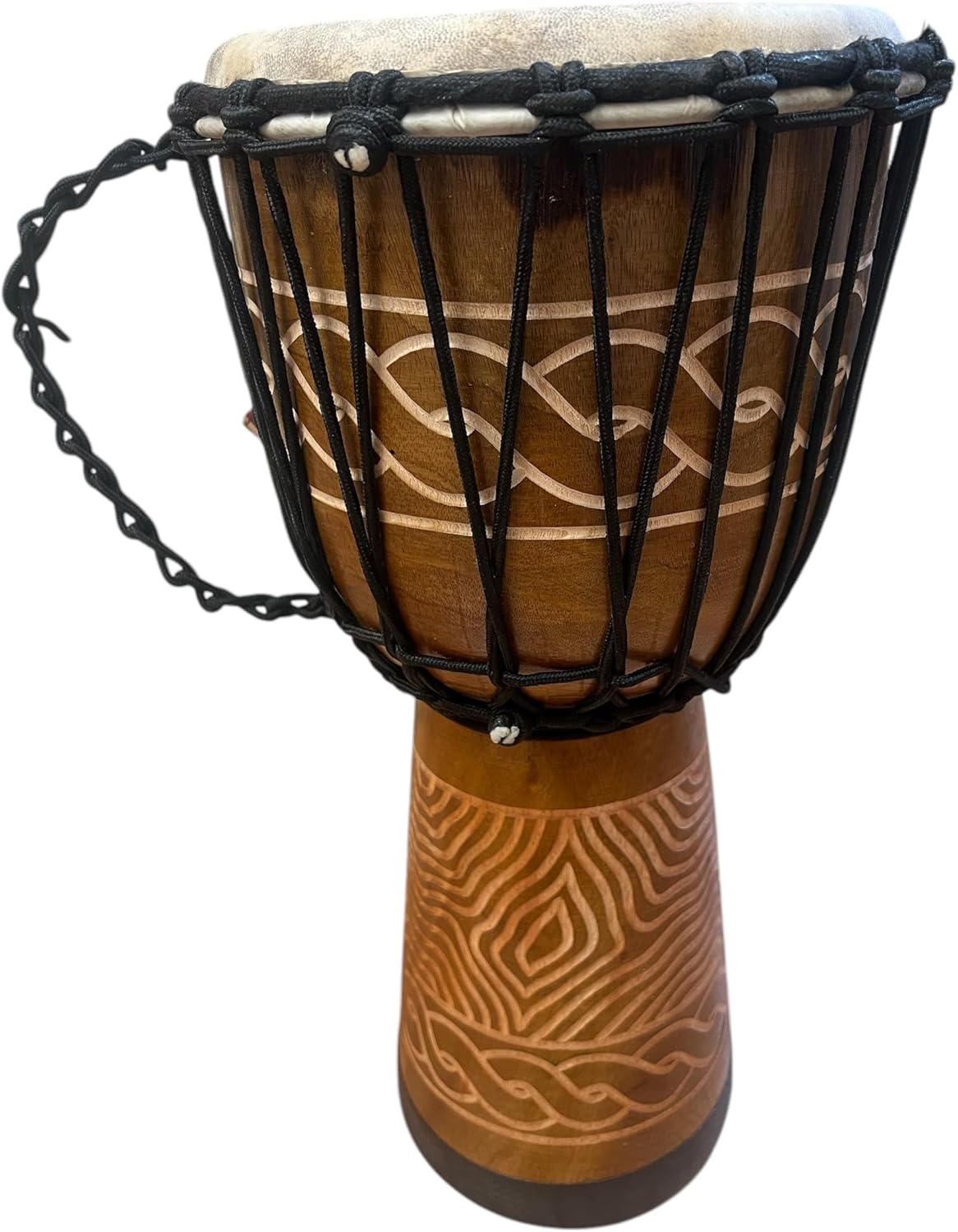 Terre Percussion Djembe Standard line carve Handmade Drum Circle Instrument, Carved Mahogany with Natural Goat Skin, 20" tall, 10" head, NK047