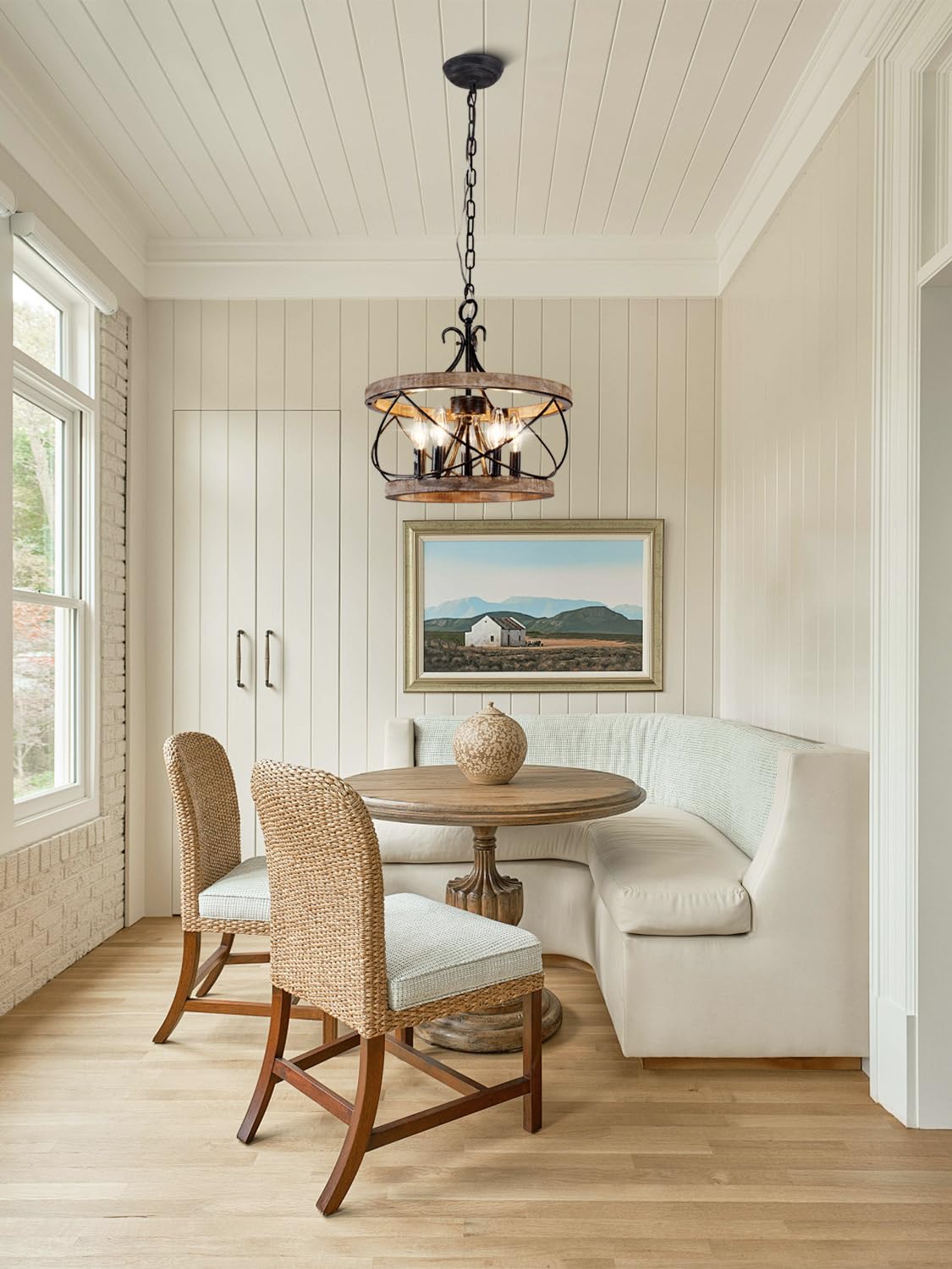 Farmhouse Wood Chandelier Light Fixture, 16 Inch Dining Room Light Fixture Over Table, 5-Light French Country Rustic Industrial Drum Chandelier for Kitchen Dining Room Entryway - Detailed View