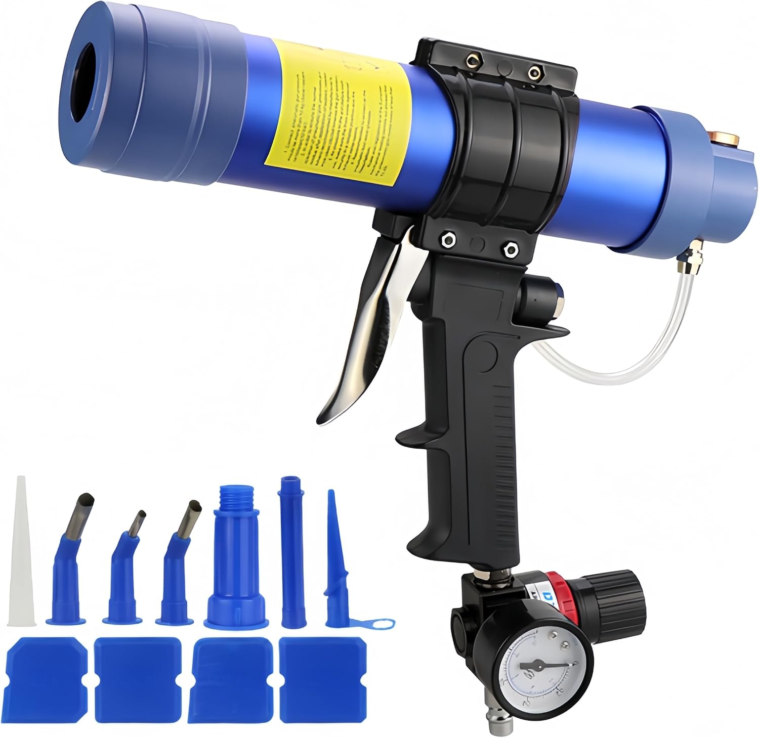 Pneumatic Caulking Gun, 310ml Dripless Sausage Silicone Caulking Gun, Air Powered Glass Glue Sealant Gun Applicator Tool, with Pressure Gauge & Regulator, for Filling and Sealing