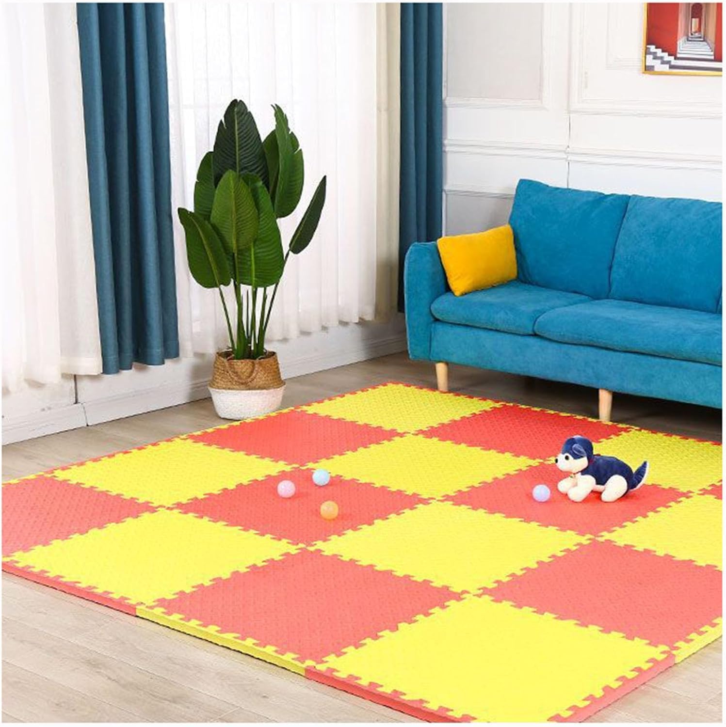 TIST 60pcs Interlocking Floor Mats Set 30x30cm EAV Soft Foam Play Mat Waterproof Surface Puzzle Mat(Red+Yellow)