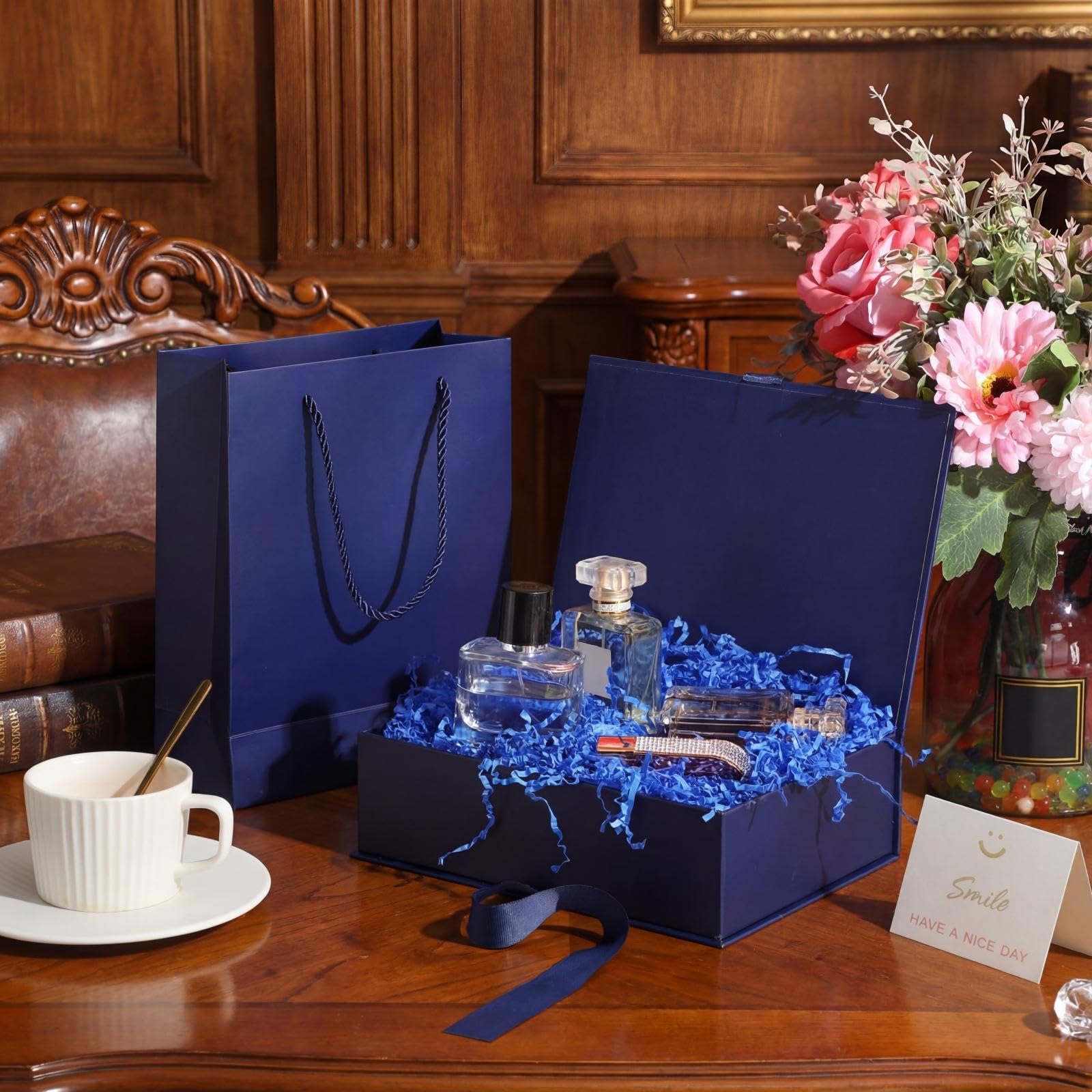 Zonon Dark Blue Luxury Gift Box with Lid and Ribbon 9 x 7 x 3'' Gift Bag with Greeting Card Tissue Paper for Decoration Wedding Easter Graduation Birthday Party Favor Present Supplies