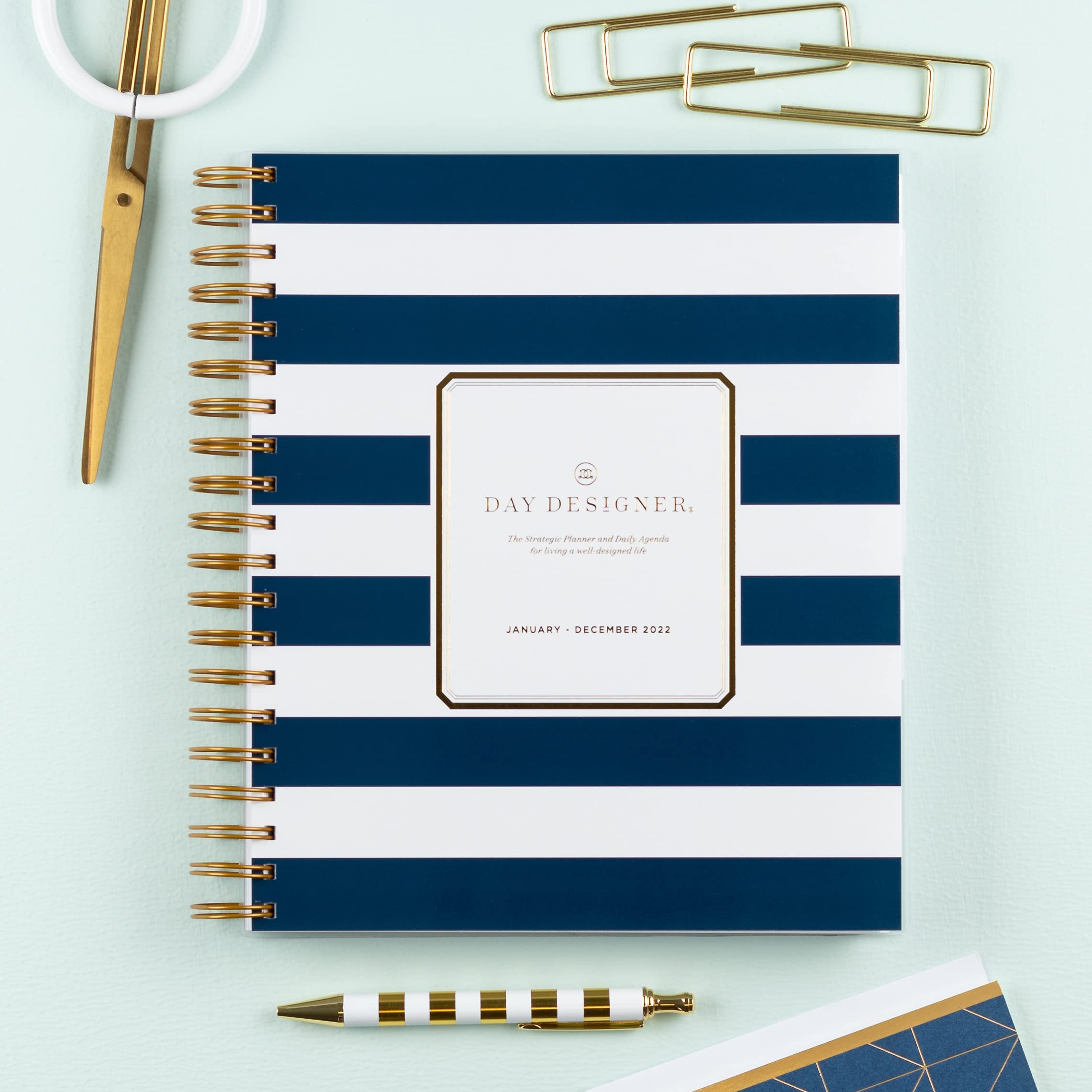 Blue Sky Day Designer per agenda giornaliera e mensile 2022, 20,3 x 25,4 m, copertina flessibile satinata, rilegatura a filo, a righe blu navy (103622-22)