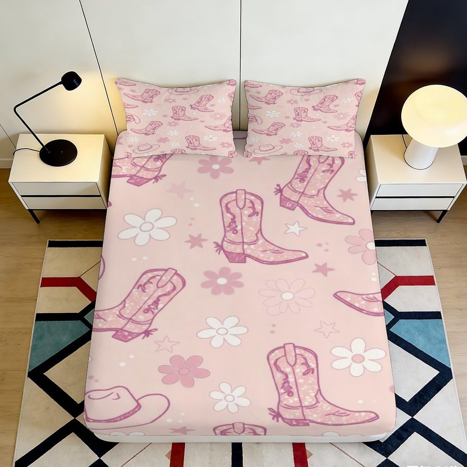 3D Printed Cowboy Boots Floral Fitted Sheet Microfiber Deep Pocket Bedroom Bedding Full Wrap Non-Slip Cowboy Boots Mattress Fitted Cover Washable for Adults Teens 90x200x25cm