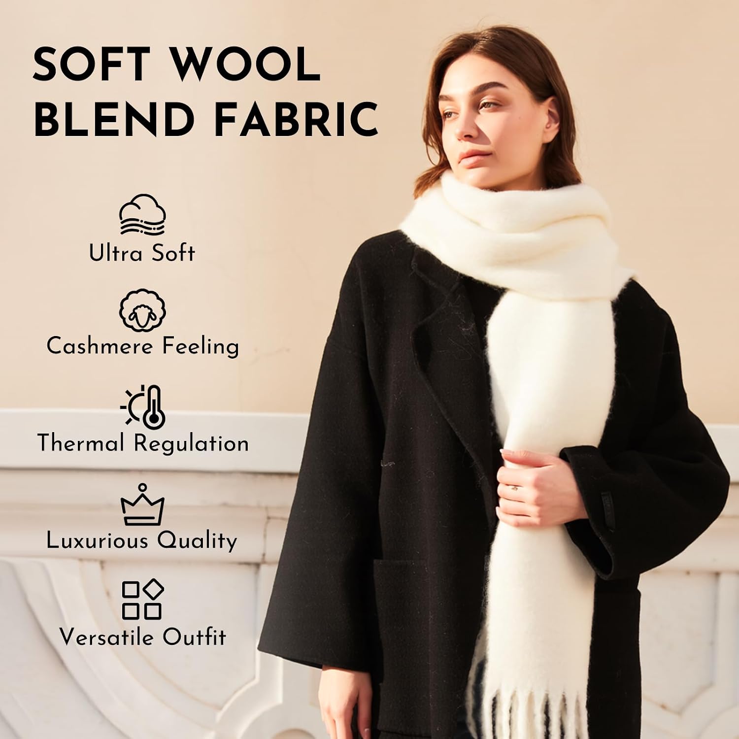 Womens Solid Wool Blend Tassel Scarf – Cashmere Feel Chunky Shawl image 5