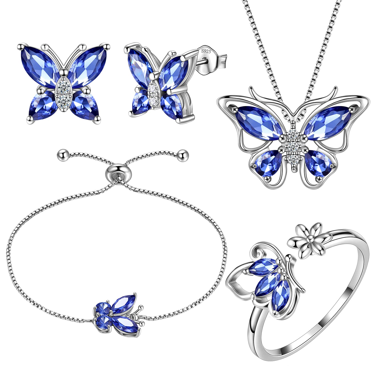 Aurora Tears Butterfly Jewelry,Women 925 Sterling Silver Butterflies Birthstone Pendant Necklace/Earrings/Rings Wedding Gift