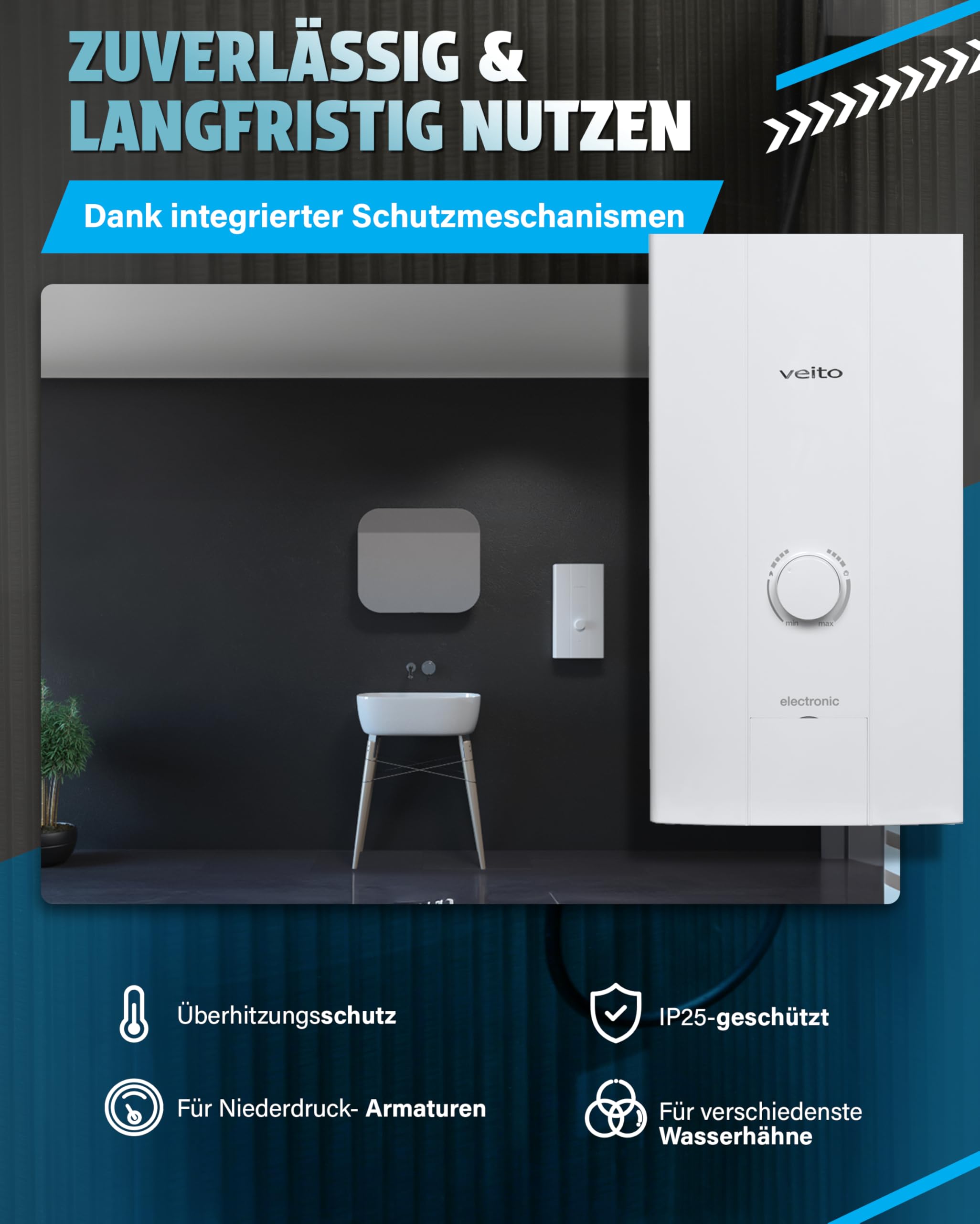 Veito Blue E - Voll Elektronischer Durchlauferhitzer 21KW - 3 Phasen 400 V - Sofortiges Warmwasser, Energieeffizient