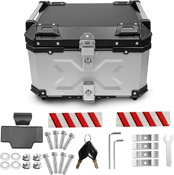 Motorcycle Rear Box, 16.9 gal 55 L, For Motorcycles, Large Capacity, Top Case, Mobile, Aluminum, Square, Bike Box, Universal, Easy to Install and Remove, Includes Mounting Base, For Security, 2 Keys, Backrest, Helmet, Storage, Silver