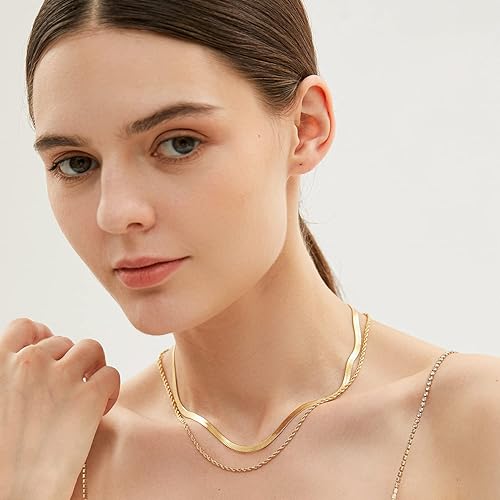 Miniatura 5 de YADUDA Collar de cadena en capas, cadena de cuerda, collar en espiga de espiga, estación de bolas, oro de 14 quilates, resistente al deslustre,