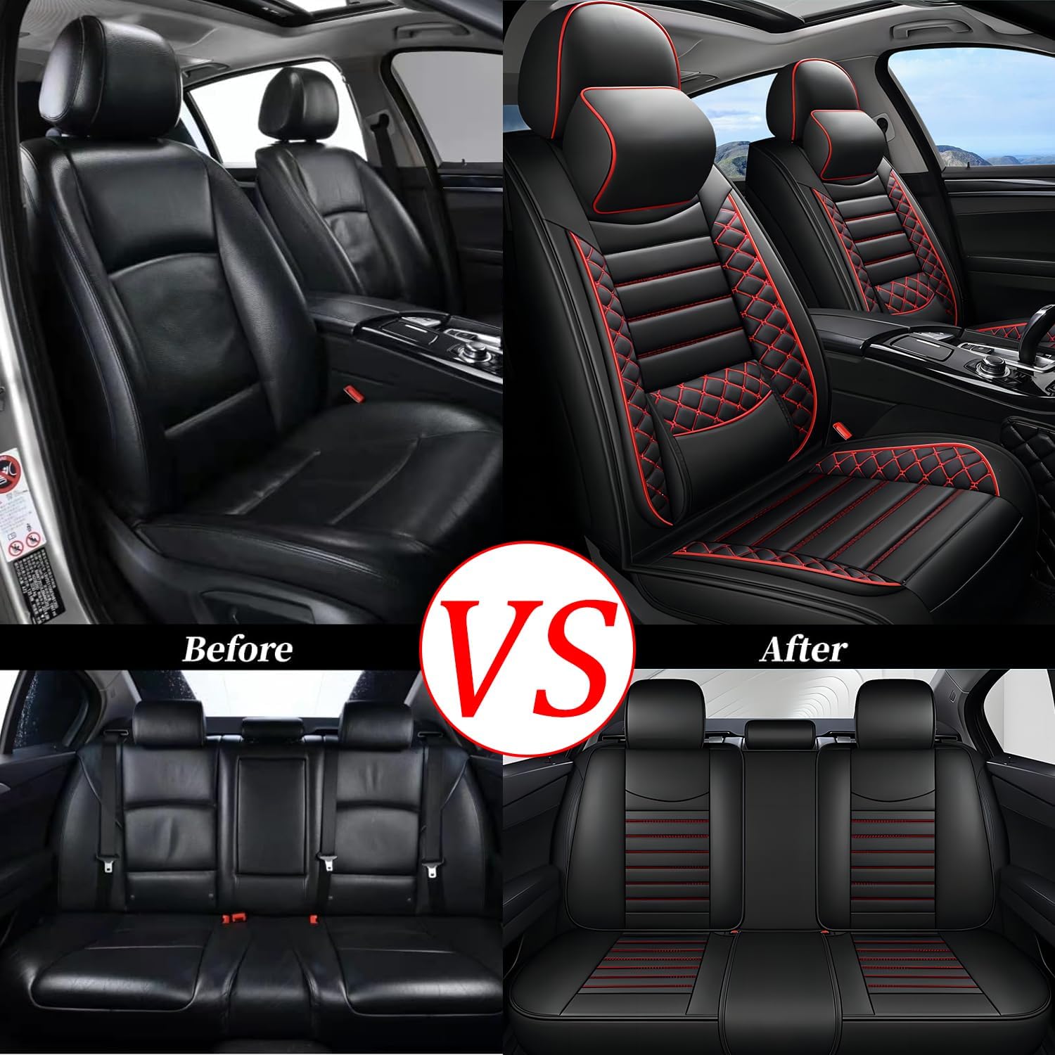 Car Seat Covers for Mazda CX-50/CX50 2023 2024 2025, Premium Faux Leather Seat Cover for Car 5 Seats Full Set, Breathable Waterproof Auto Seat Cover Protectors Airbag Compatible(black&red,Pillow)
