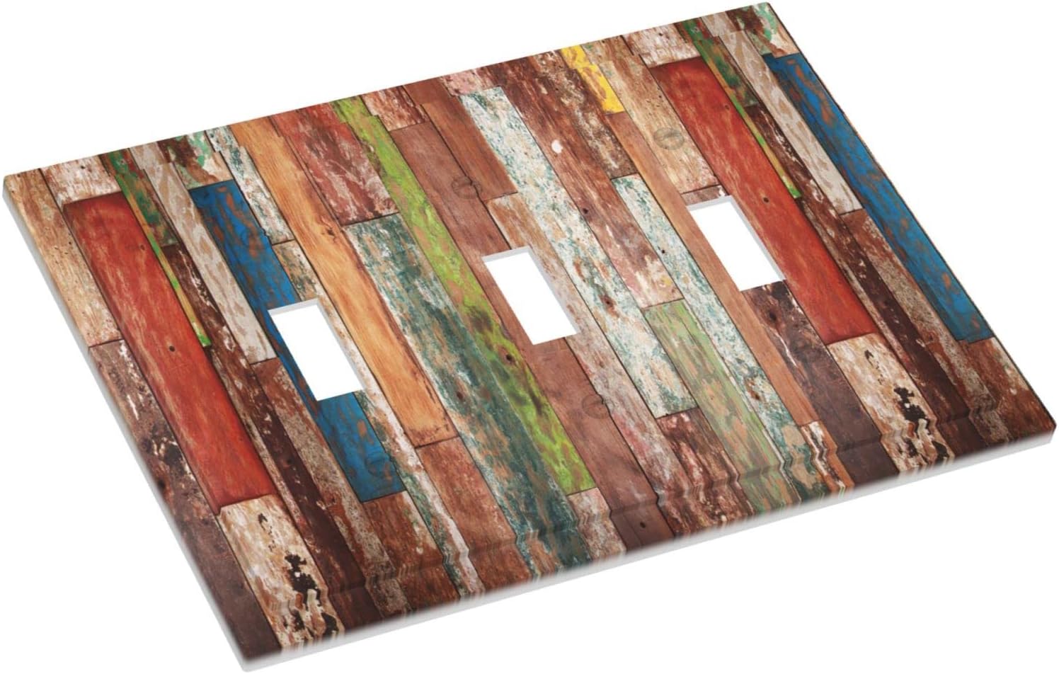 Plank Multicolored Triple Toggle Light Switch Cover 3 Gang Decorative Wall Plate Rustic Wood Electrical Switchplate Brown Blue Faceplate for Barn Door Farmhouse Kitchen Country Chalet Decora