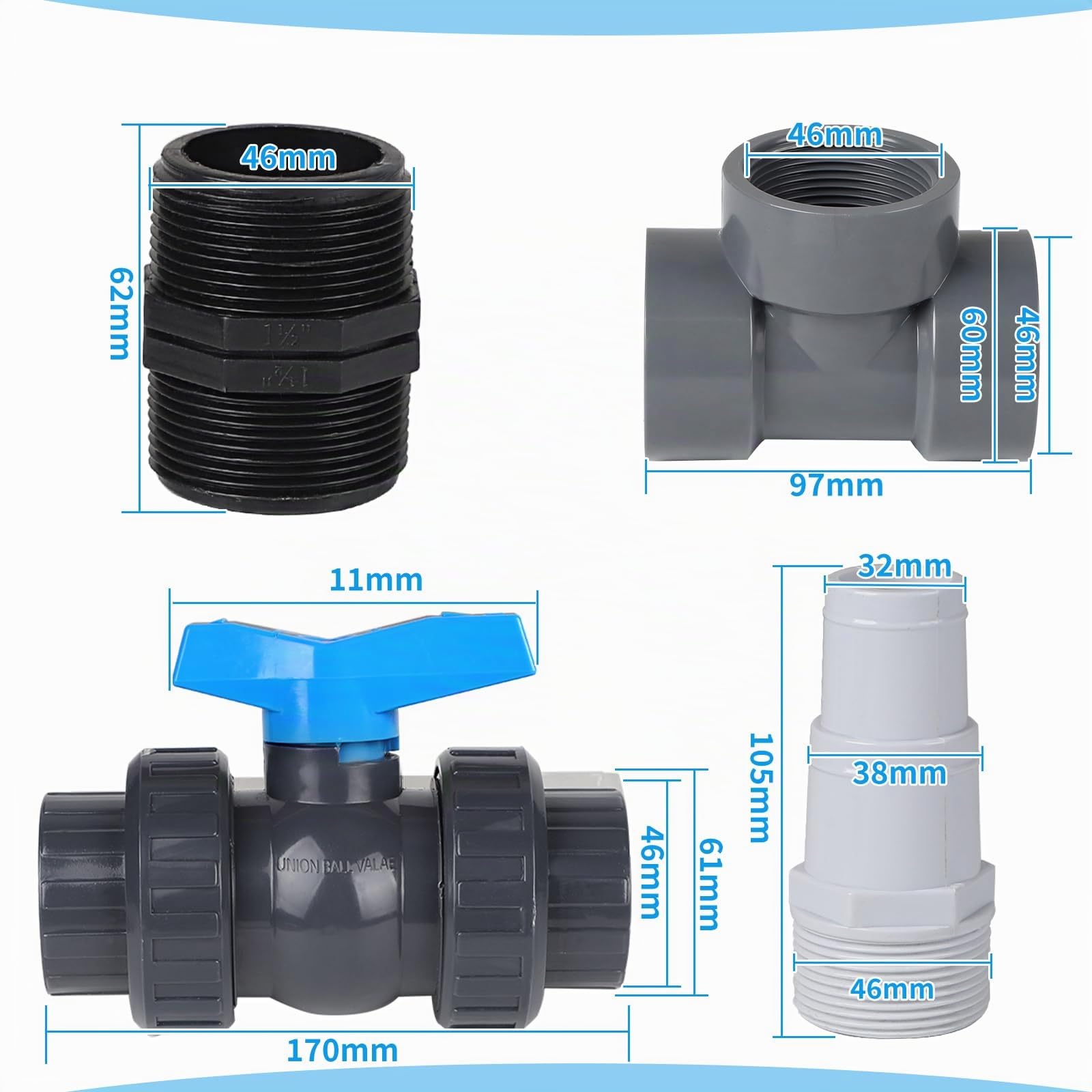 SWAWIS Bypass Piscine 32/38mm Raccord Pompe a Chaleur Piscine Vanne by Pass Chauffage Solaire Système by Pass avec 3 Vanne DN50 4 Raccord Tuyau 32-38mm