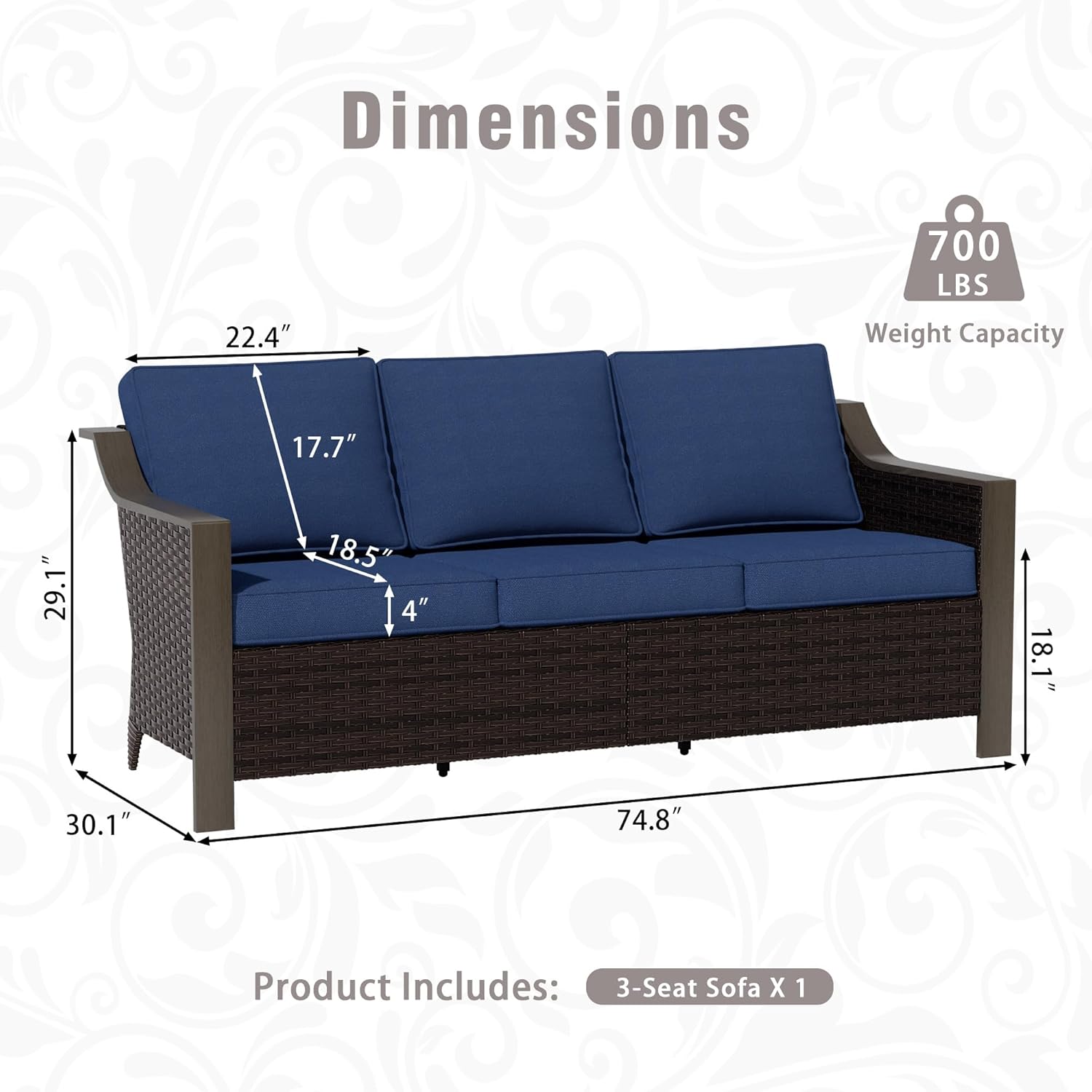 74 Inch Patio 3-Seater Sofa,PE Wicker Outdoor Lounge with Thick Removable Water-Resistant Cushions, Rust-Proof Steel Frame, 900LBS Capacity, Blue