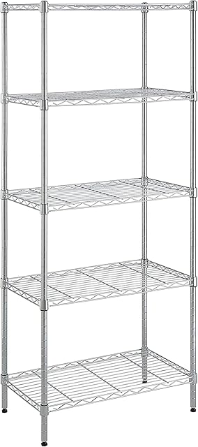 Amazon Basics 5-Shelf Storage Unit with Height Adjustable Shelves and Adjustable Levelling Feet - 453kg Max Weight, 58.9W x 34D x 152.4H, Chrome