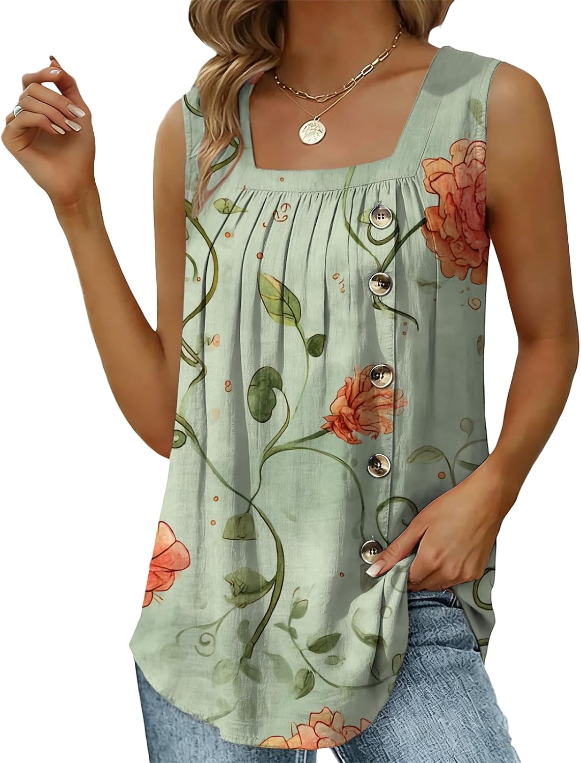 Boho Women's Tank Tops Square Neck Sleeveless Summer Tops Pleated Front Tunic Blouse Side Button Graphic Shirts Lightweight Breathable Beachwear 2026,S Rose Green