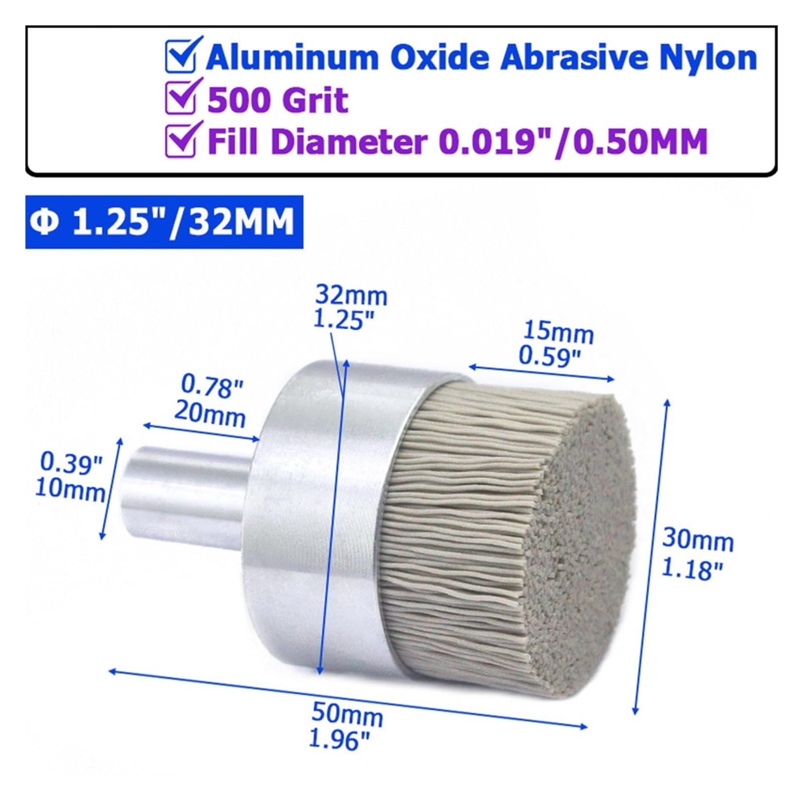 Spazzole metalliche a tazza, Ruota in filo di acciaio al carbonio abrasivoPenna a tazza in nylonSpazzole finaliGrit240-500 4-32mm for trapano CNC31pz(Grit500 Diameter32mm)