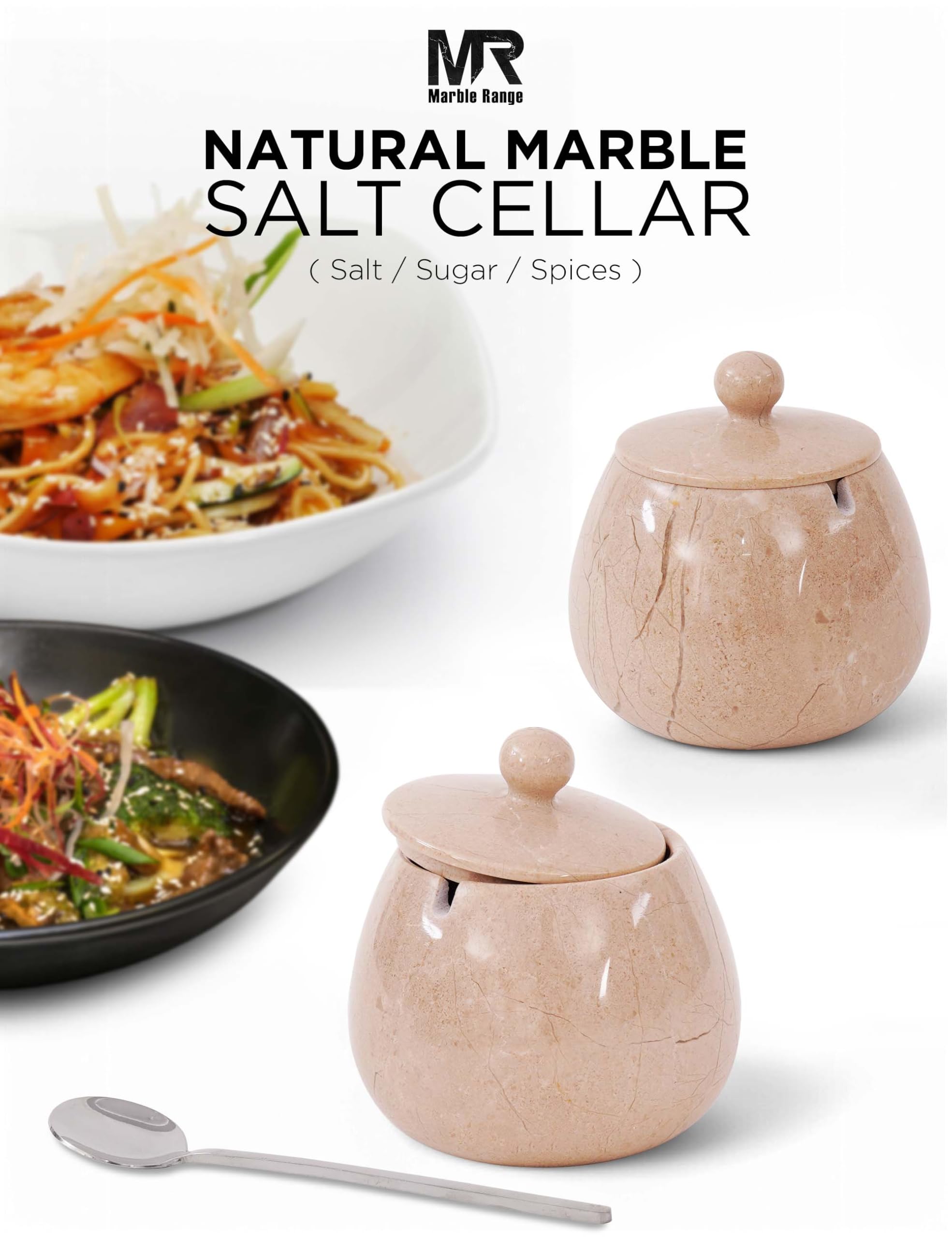 Salero de mármol con tapa de 4 pulgadas, caja de sal hecha a mano, cuenco de sal y pimienta, soporte de sal con tapa y cuchara, bodega de sal para almacenamiento de cocina, recipientes de sal y