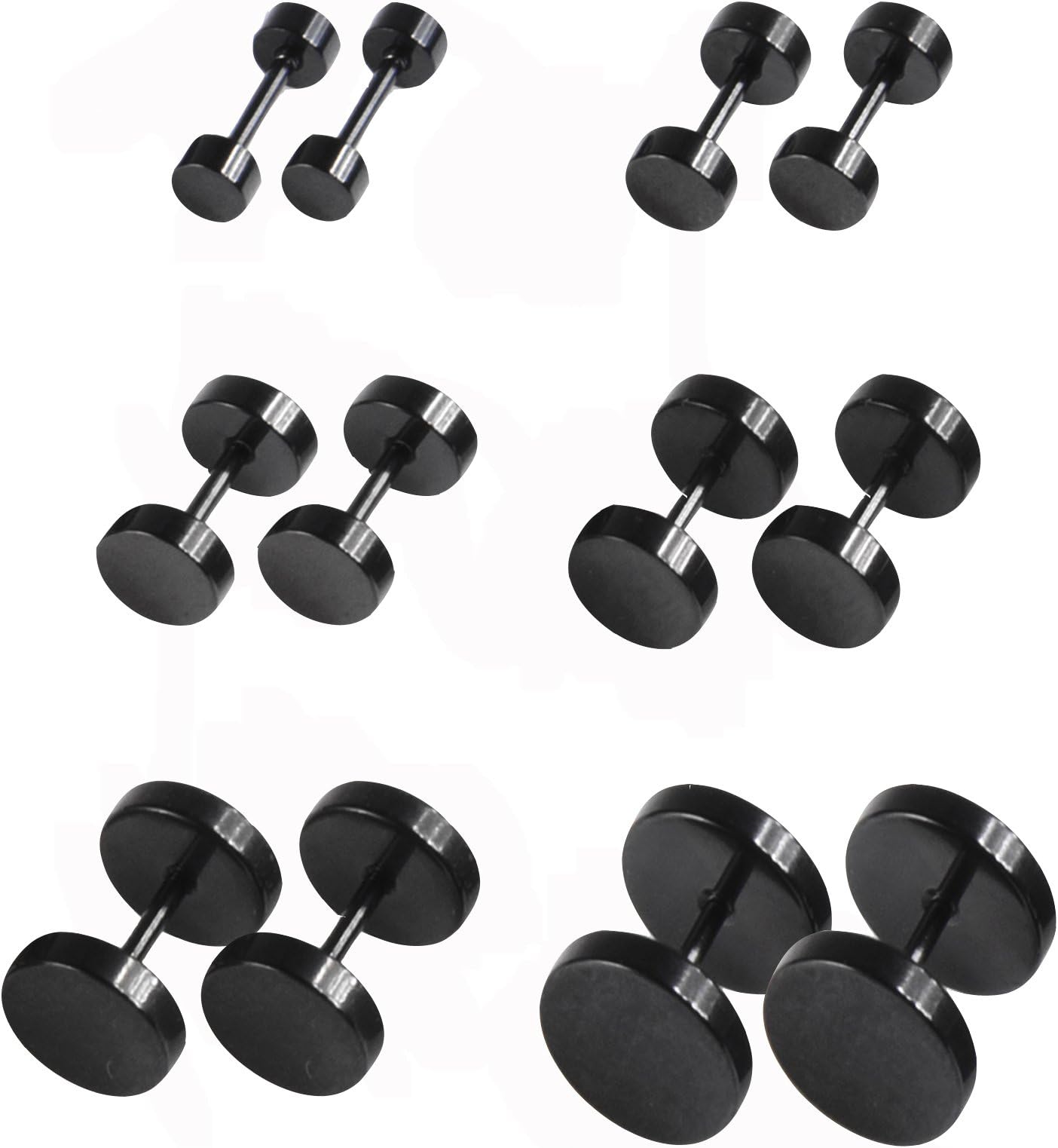 6 Pairs Black Earrings Studs Stainless Steel Ears Plugs Screw Studs Earrings Set for Men and Women Accessories, 18 Gauge