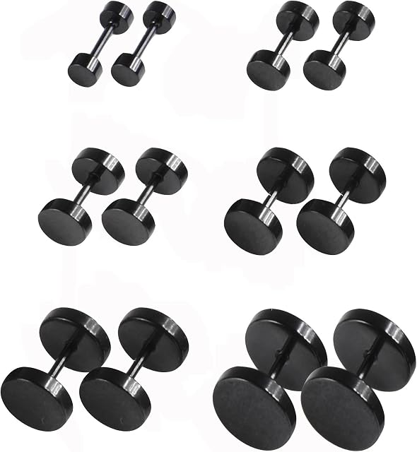 6 Pairs Black Earrings Studs Stainless Steel Ears Plugs Screw Studs Earrings Set for Men and Women Accessories, 18 Gauge