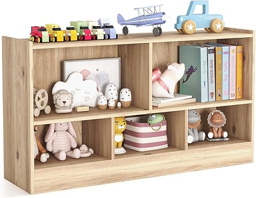 Miniatura 14 de KOTEK Organizador de almacenamiento de juguetes, estantería infantil de 5 cubos, estantería de madera de 3 niveles, estante abierto para guardería,