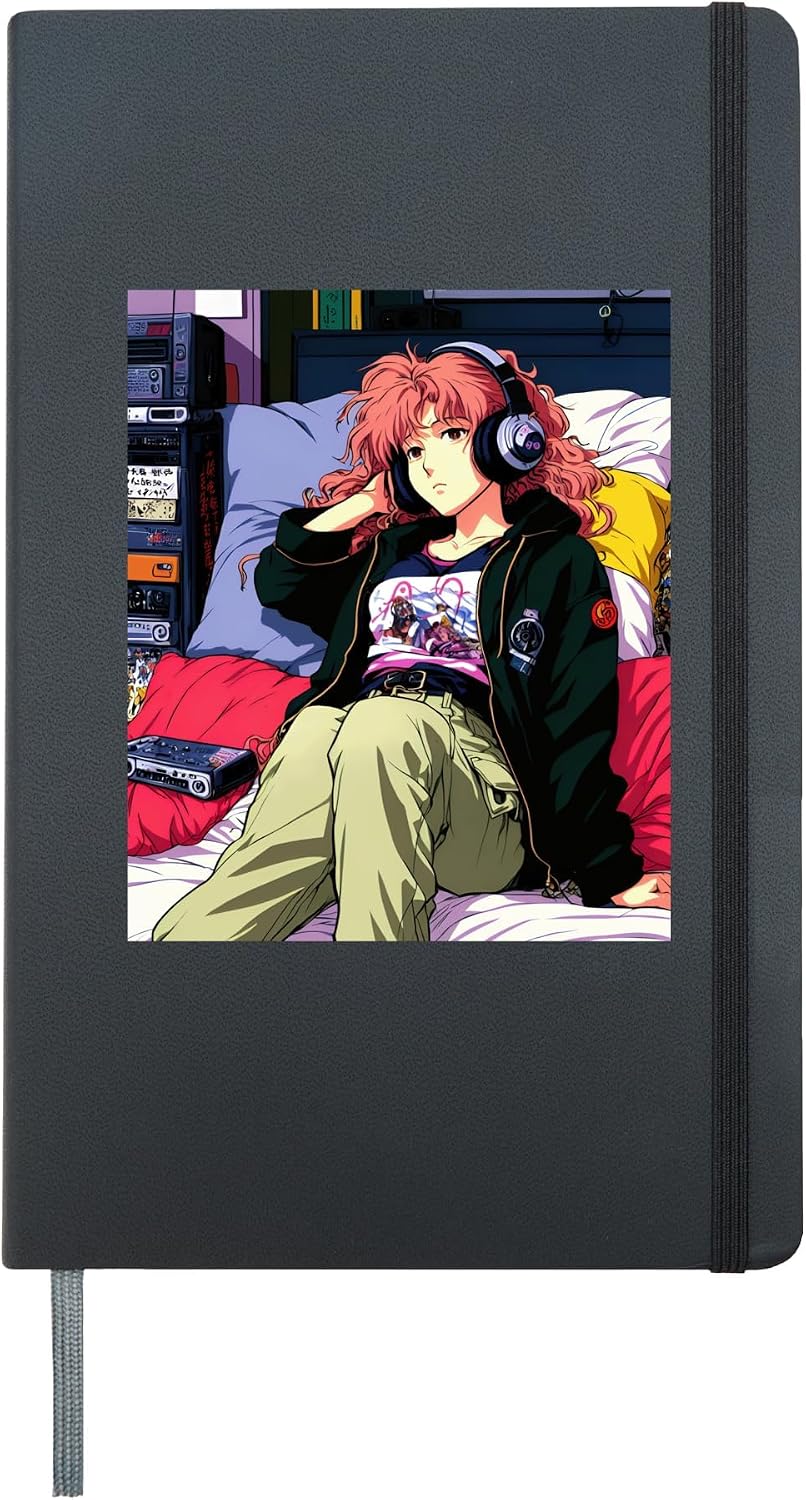 Retro Anime girl Lofi chill music lover Japanese aesthetics Hardcover Journal, Black